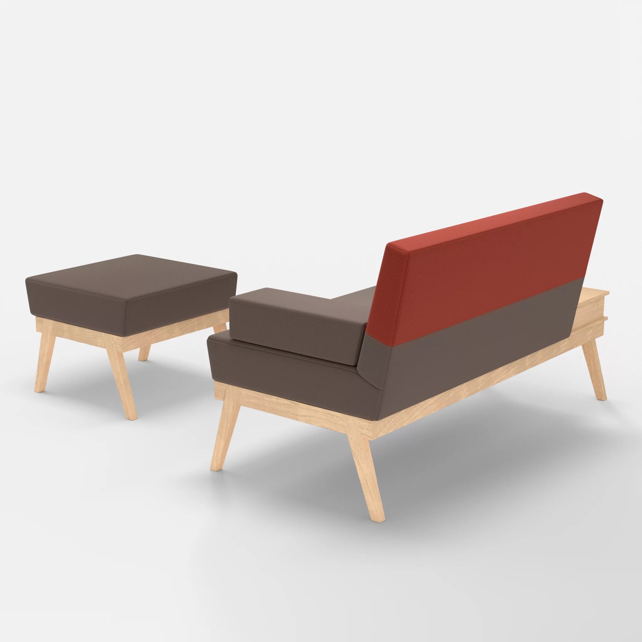 2er Sitzsofa Bauz mit Ablage links und Pouf credowalnut-credolampion in Dunkelgrau und Rot von hinten