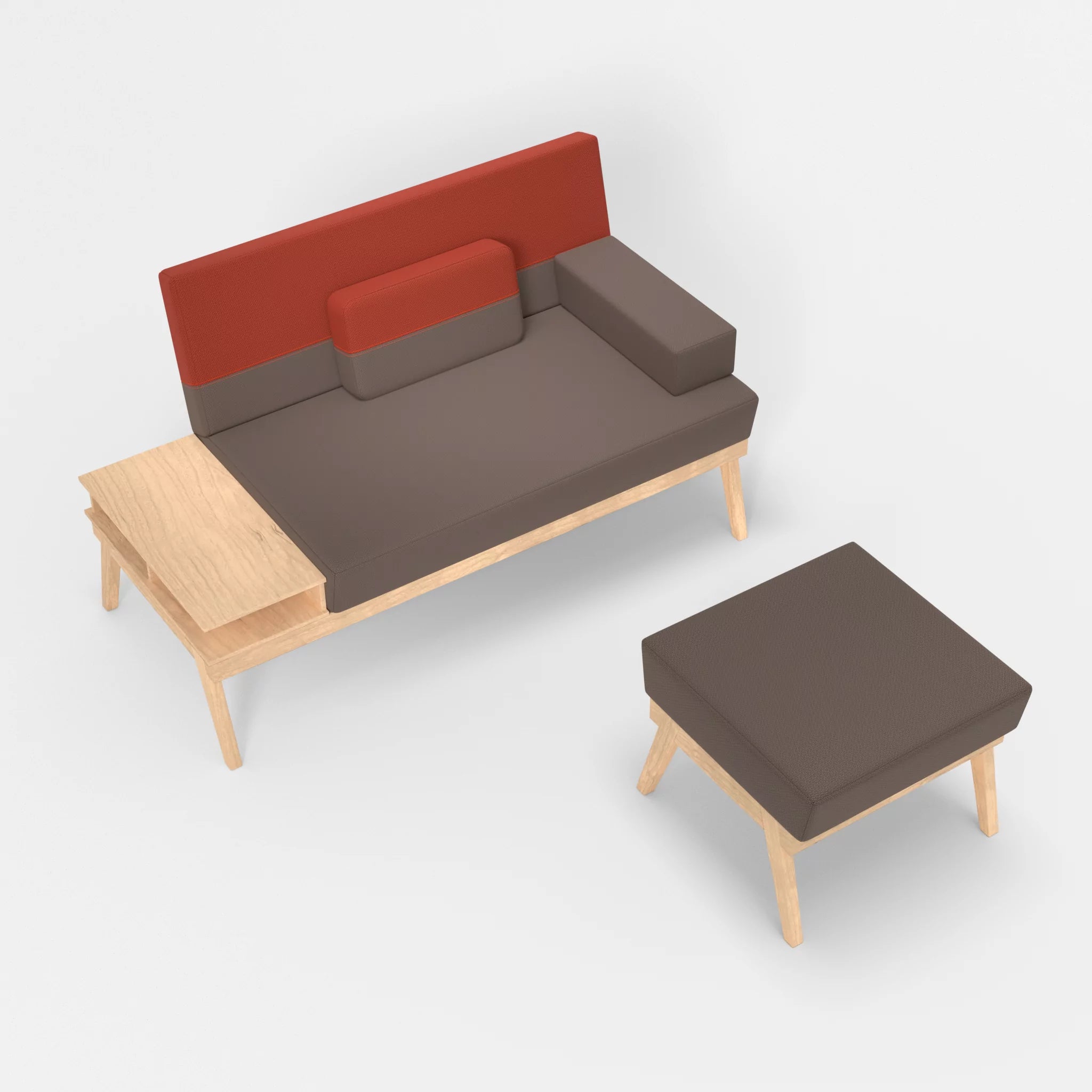2er Sitzsofa Bauz mit Ablage links und Pouf credowalnut-credolampion in Dunkelgrau und Rot von oben