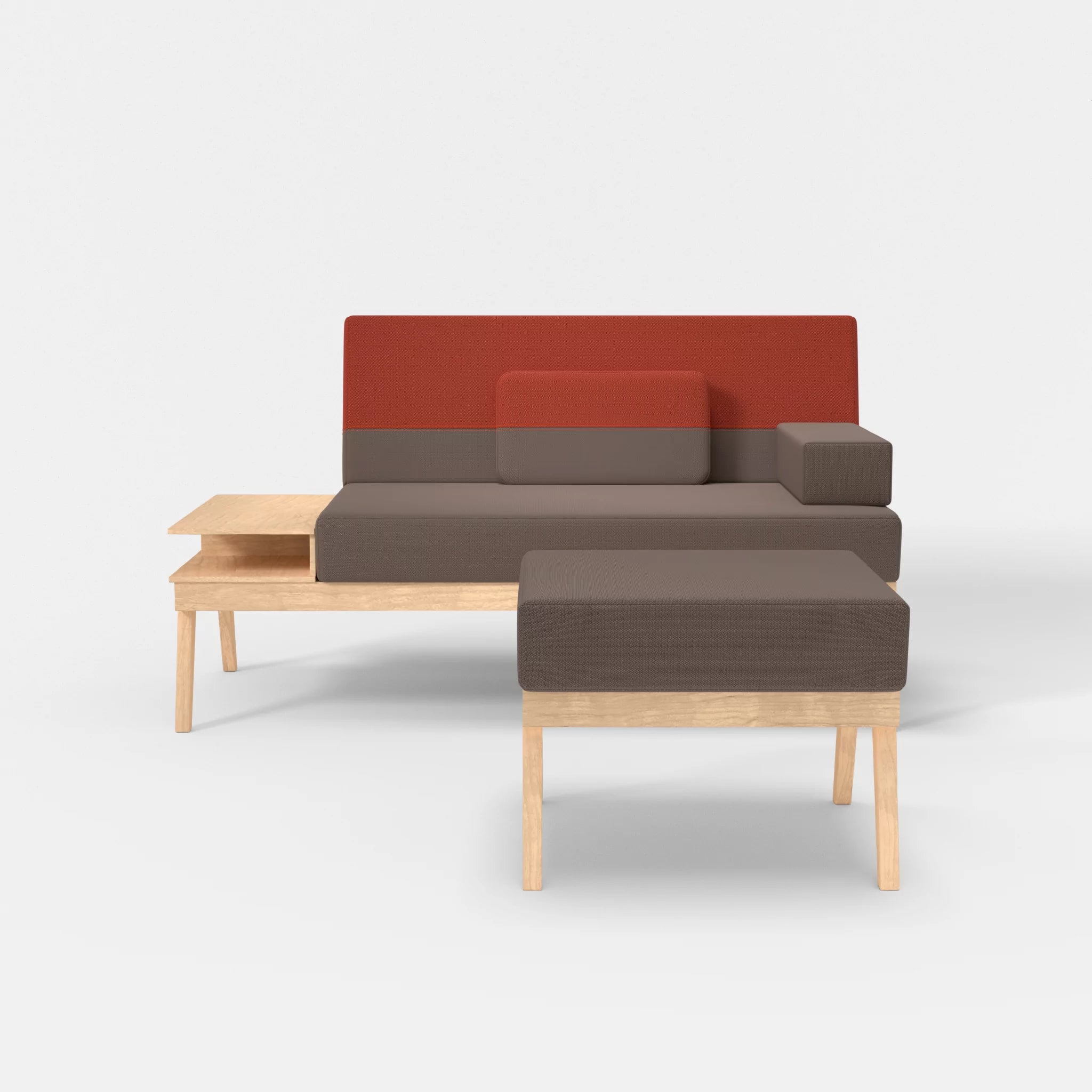 2er Sitzsofa Bauz mit Ablage links und Pouf credowalnut-credolampion in Dunkelgrau und Rot von vorne