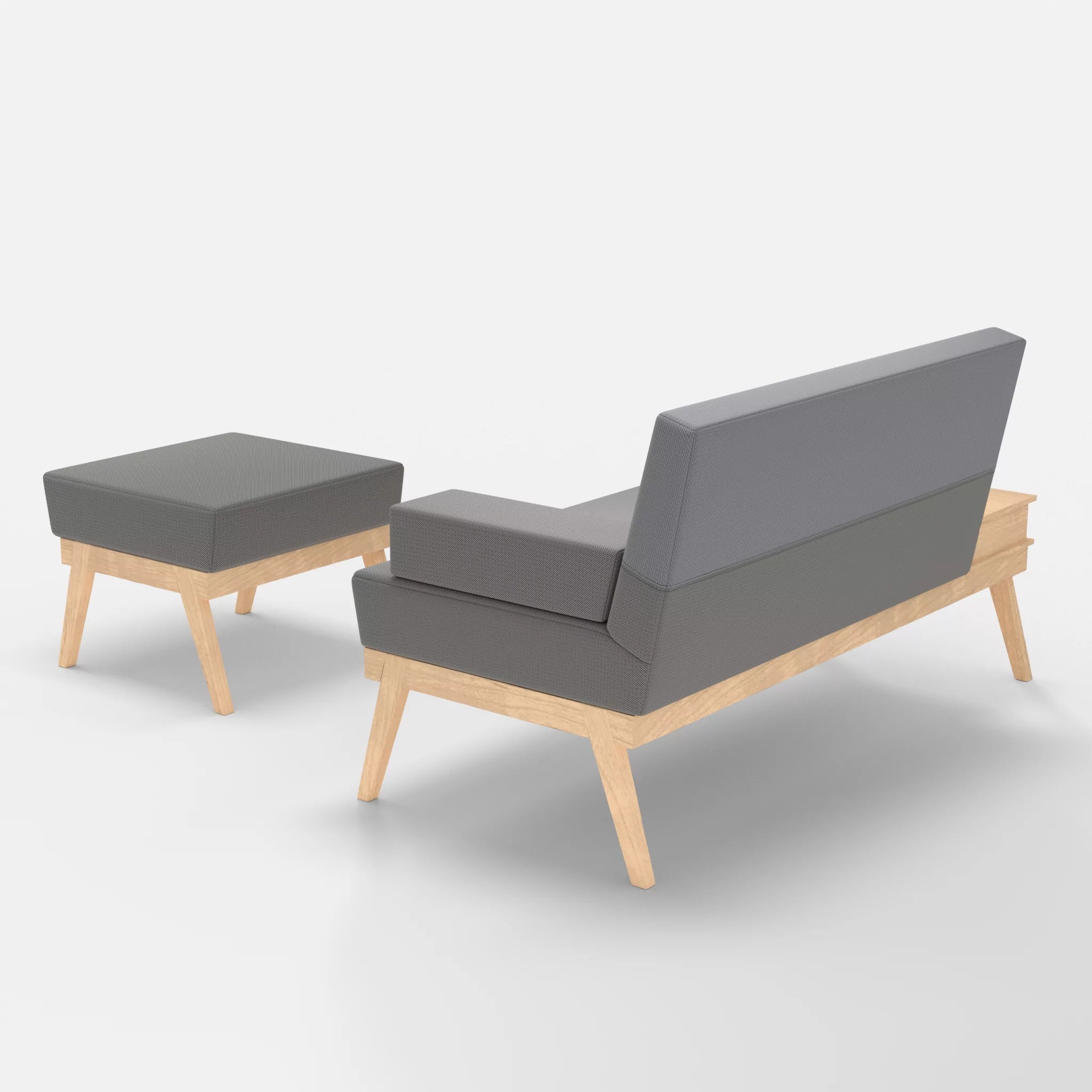 2er Sitzsofa Bauz mit Ablage links und Pouf credozinn-credochalk in Mittelgrau und Hellgrau von hinten