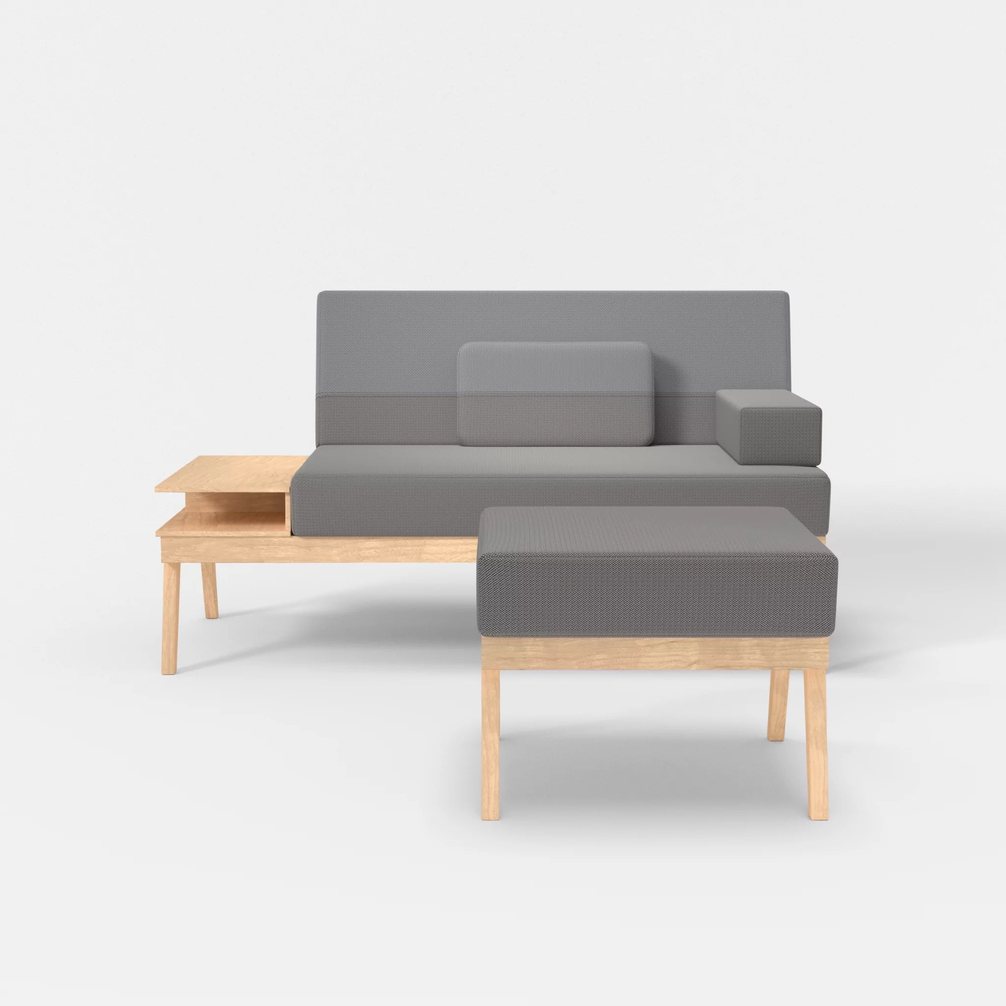 2er Sitzsofa Bauz mit Ablage links und Pouf credozinn-credochalk in Mittelgrau und Hellgrau von vorne