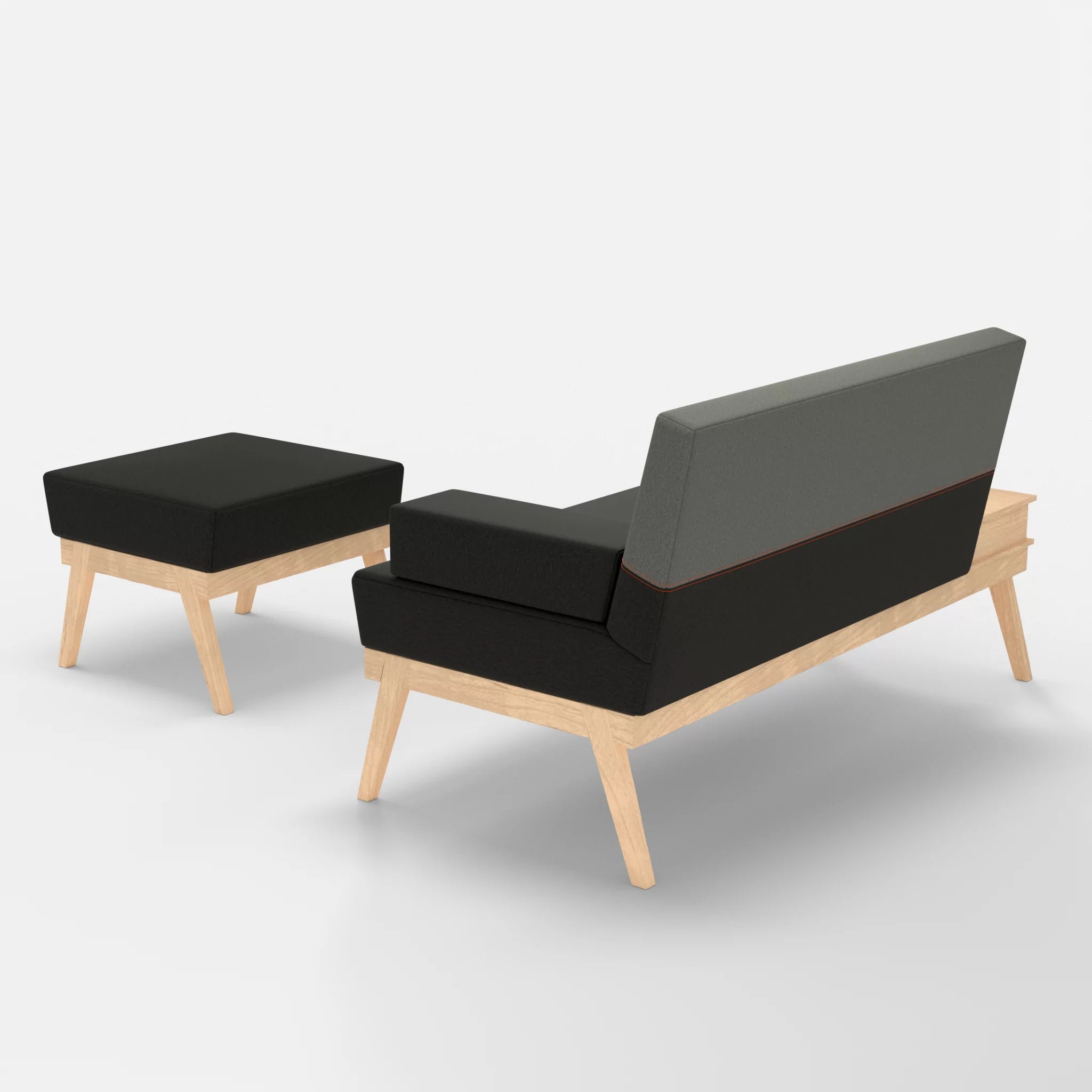 2er Sitzsofa Bauz mit Ablage links und Pouf dama0002-dama0003 in Anthrazit und Mittelgrau von hinten