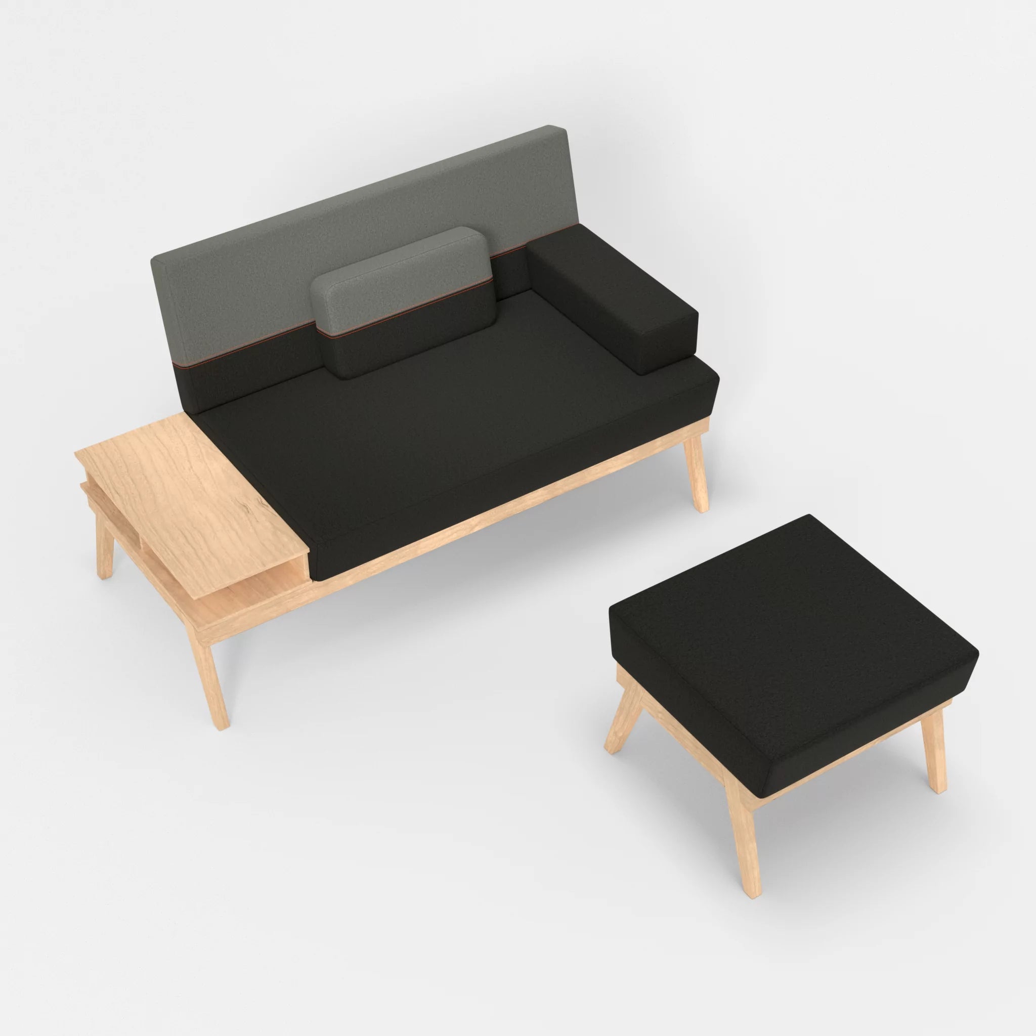 2er Sitzsofa Bauz mit Ablage links und Pouf dama0002-dama0003 in Anthrazit und Mittelgrau von oben