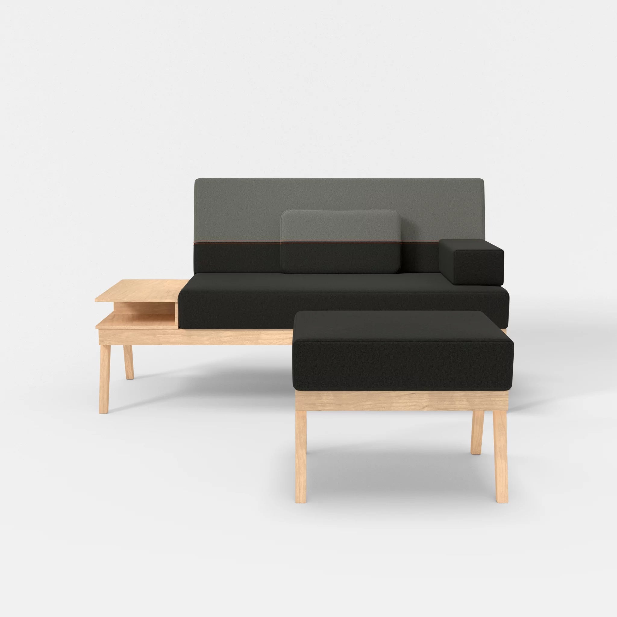 2er Sitzsofa Bauz mit Ablage links und Pouf dama0002-dama0003 in Anthrazit und Mittelgrau von vorne