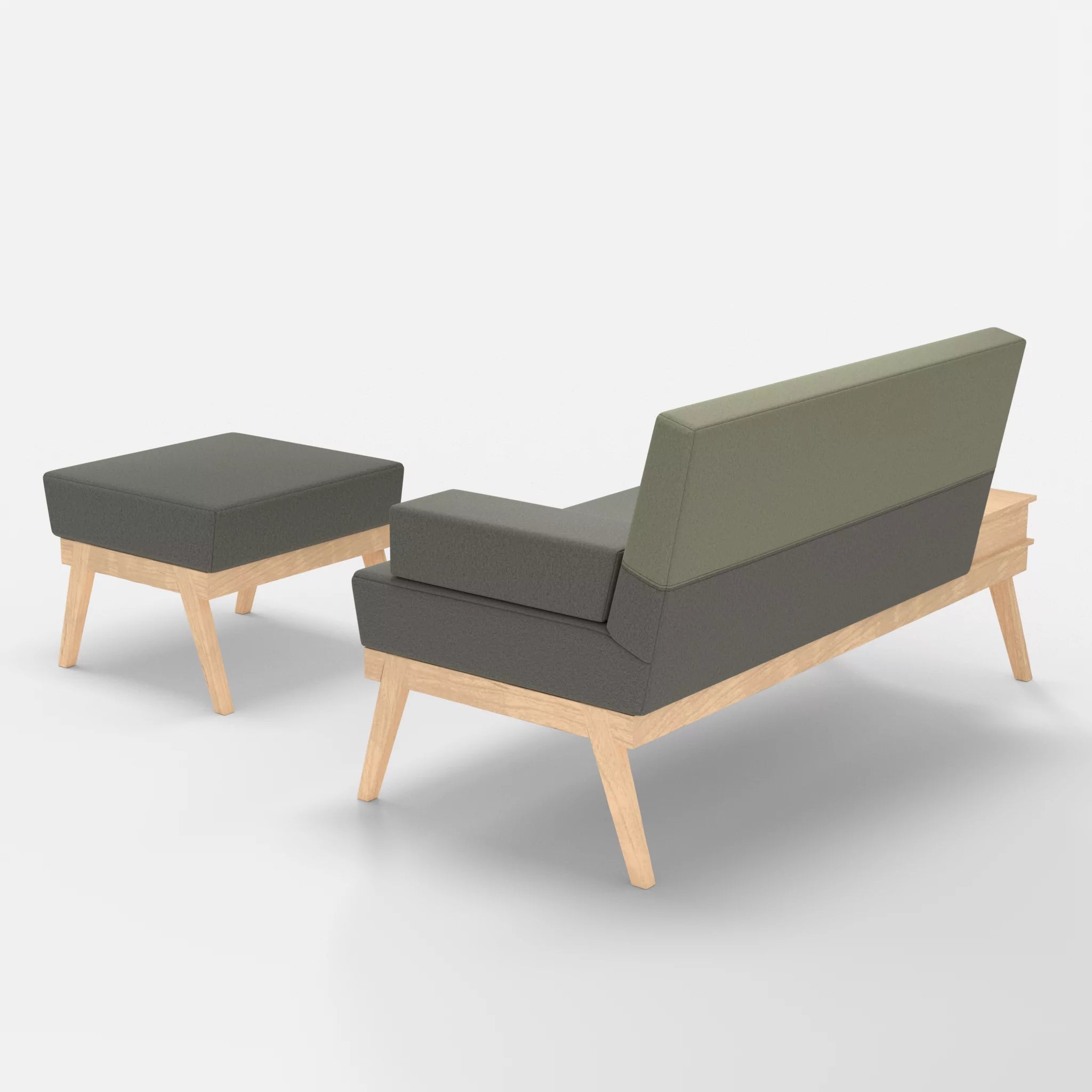 2er Sitzsofa Bauz mit Ablage links und Pouf dama0003-dama0057 in Mittelgrau und Hellgrau von hinten