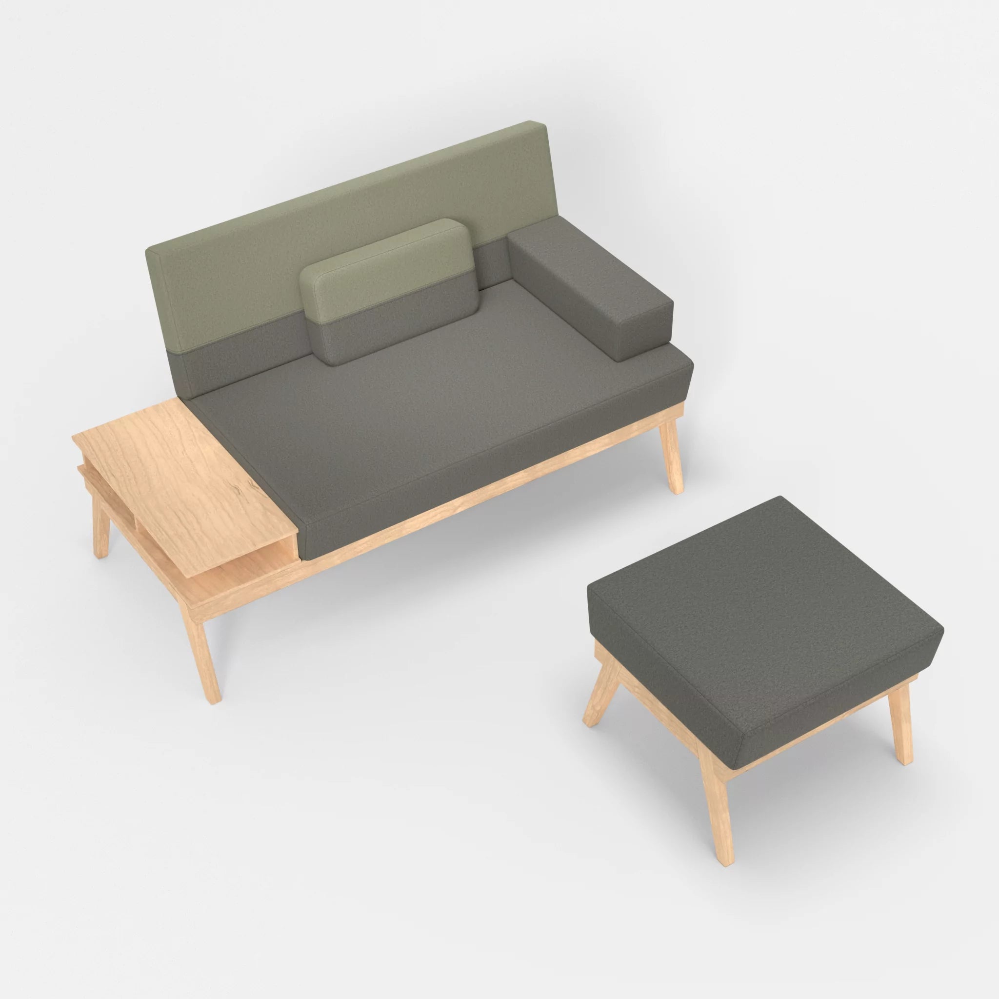 2er Sitzsofa Bauz mit Ablage links und Pouf dama0003-dama0057 in Mittelgrau und Hellgrau von oben
