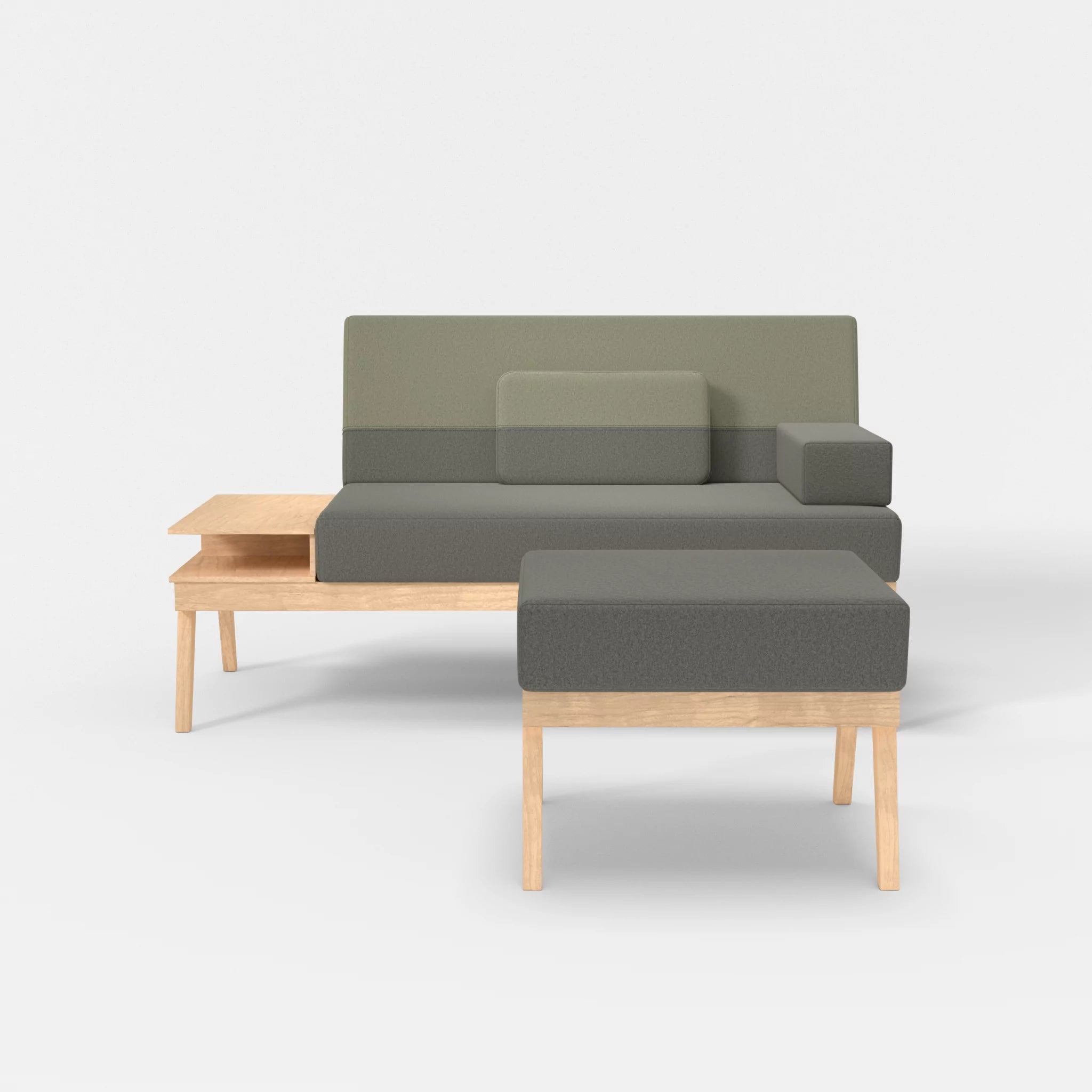 2er Sitzsofa Bauz mit Ablage links und Pouf dama0003-dama0057 in Mittelgrau und Hellgrau von vorne