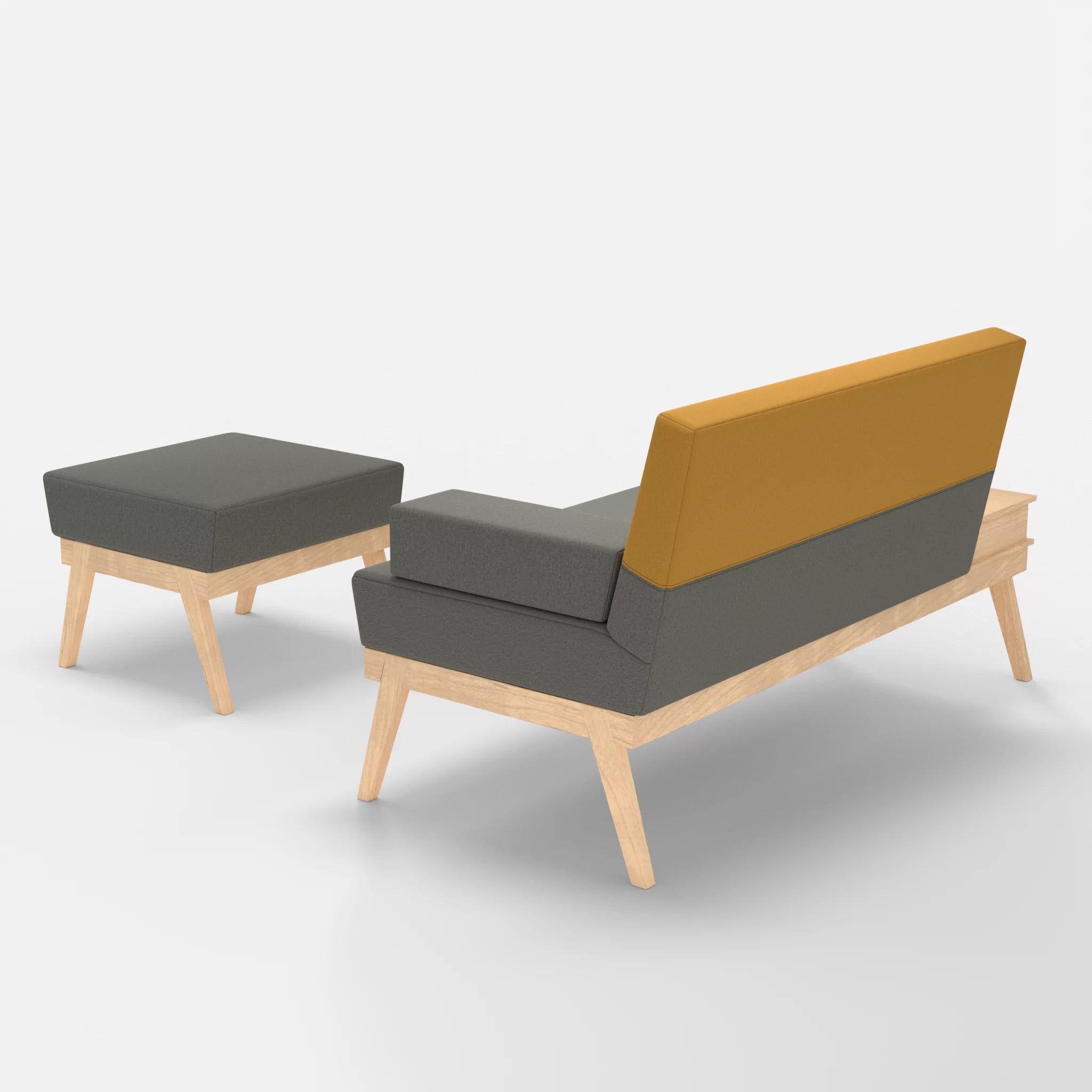 2er Sitzsofa Bauz mit Ablage links und Pouf dama0003-dama0081 in Mittelgrau und Curry von hinten