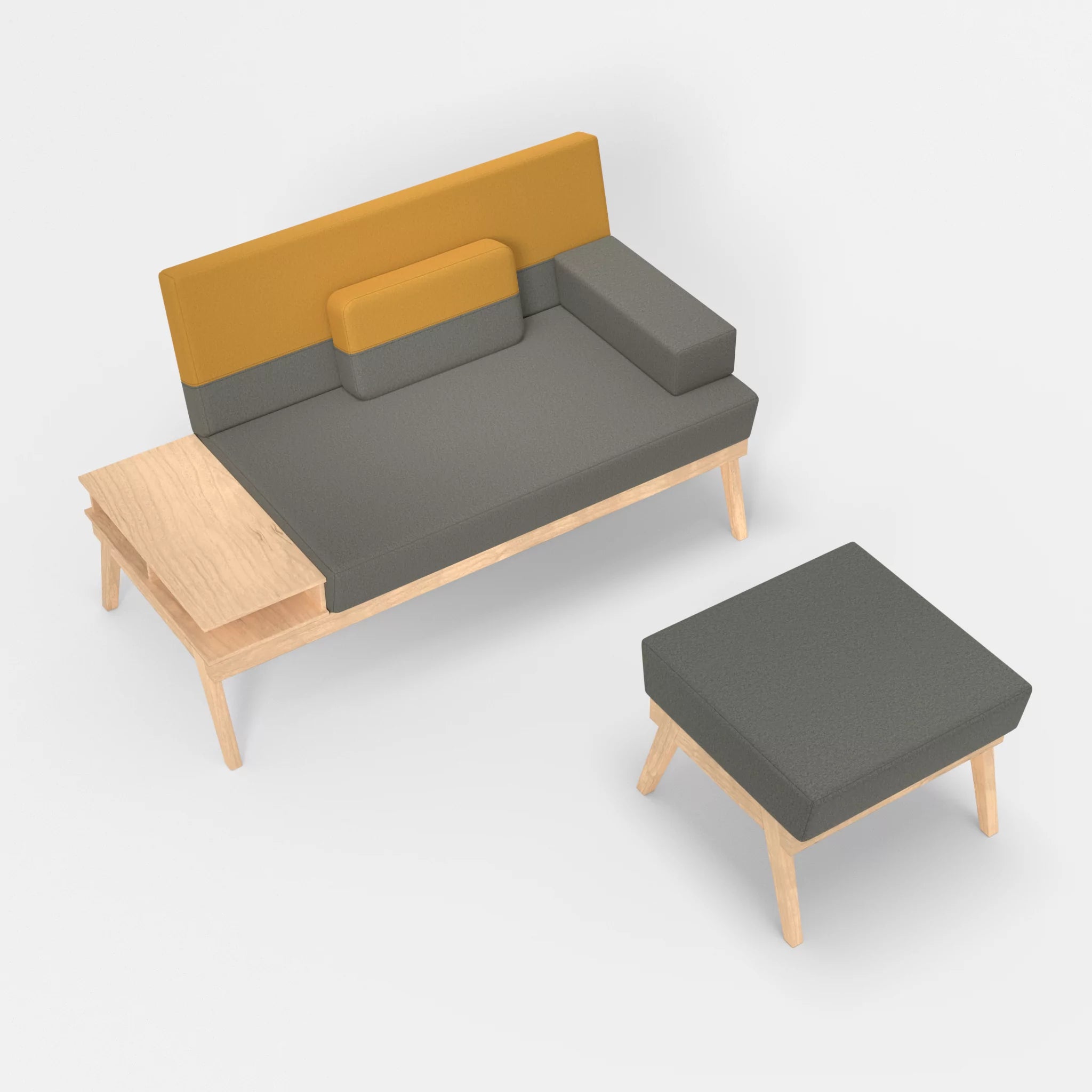 2er Sitzsofa Bauz mit Ablage links und Pouf dama0003-dama0081 in Mittelgrau und Curry von oben