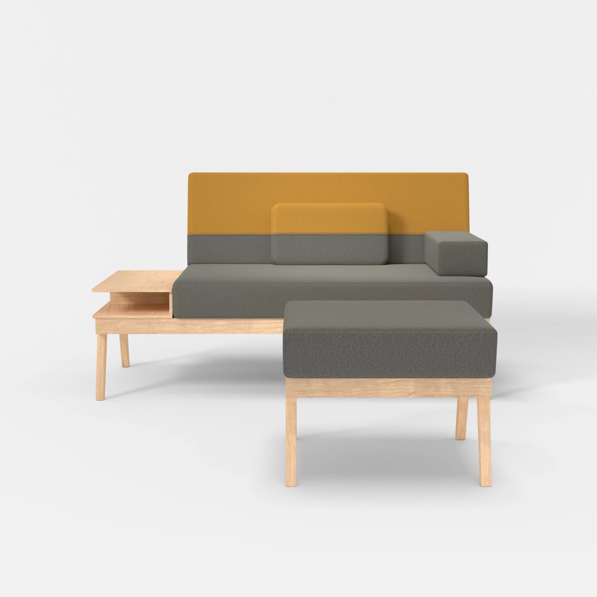 2er Sitzsofa Bauz mit Ablage links und Pouf dama0003-dama0081 in Mittelgrau und Curry von vorne
