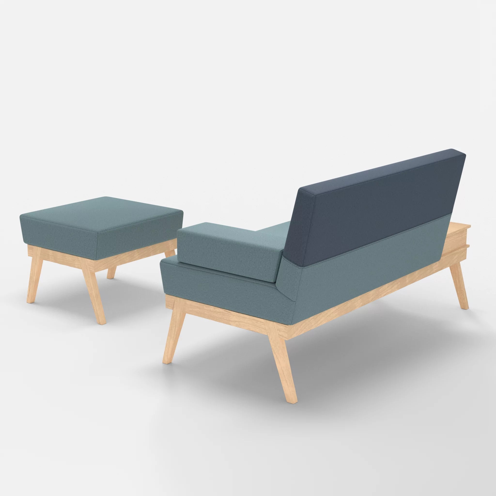 2er Sitzsofa Bauz mit Ablage links und Pouf dama0016-dama0075 in Hellblau und Blau von hinten