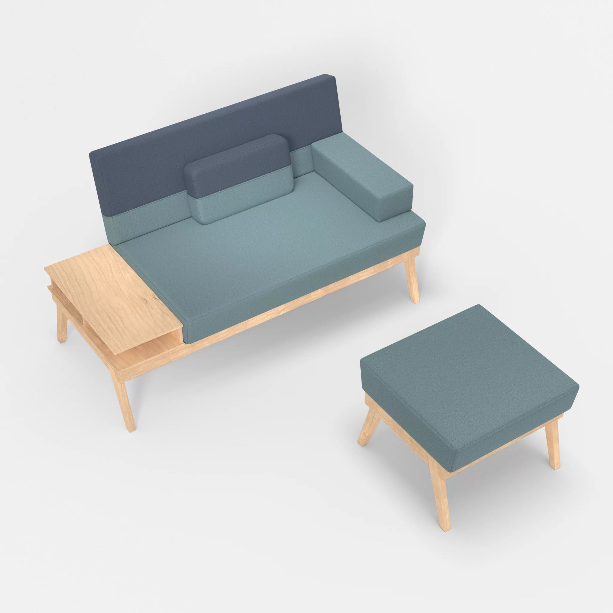 2er Sitzsofa Bauz mit Ablage links und Pouf dama0016-dama0075 in Hellblau und Blau von oben