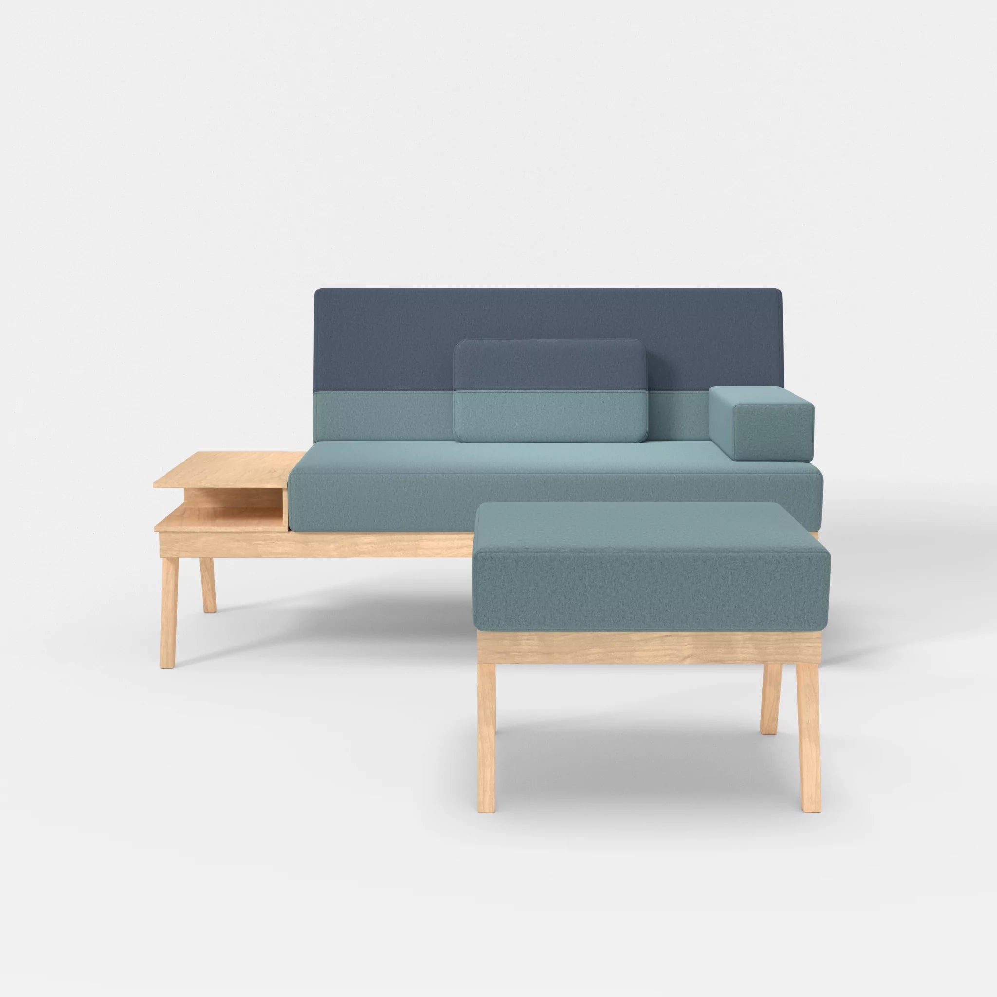 2er Sitzsofa Bauz mit Ablage links und Pouf dama0016-dama0075 in Hellblau und Blau von vorne