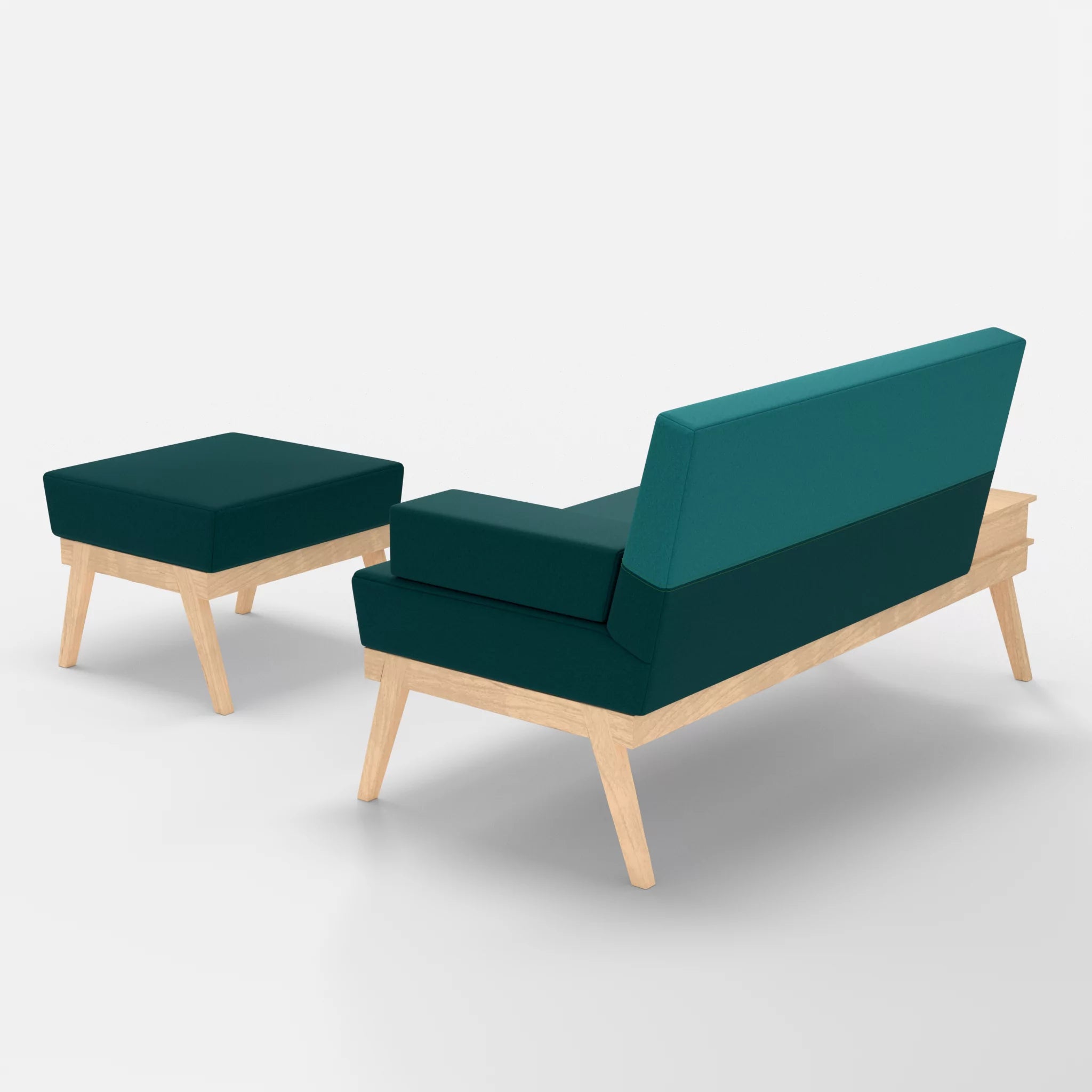 2er Sitzsofa Bauz mit Ablage links und Pouf dama0018-dama0076 in Türkis und Türkis von hinten