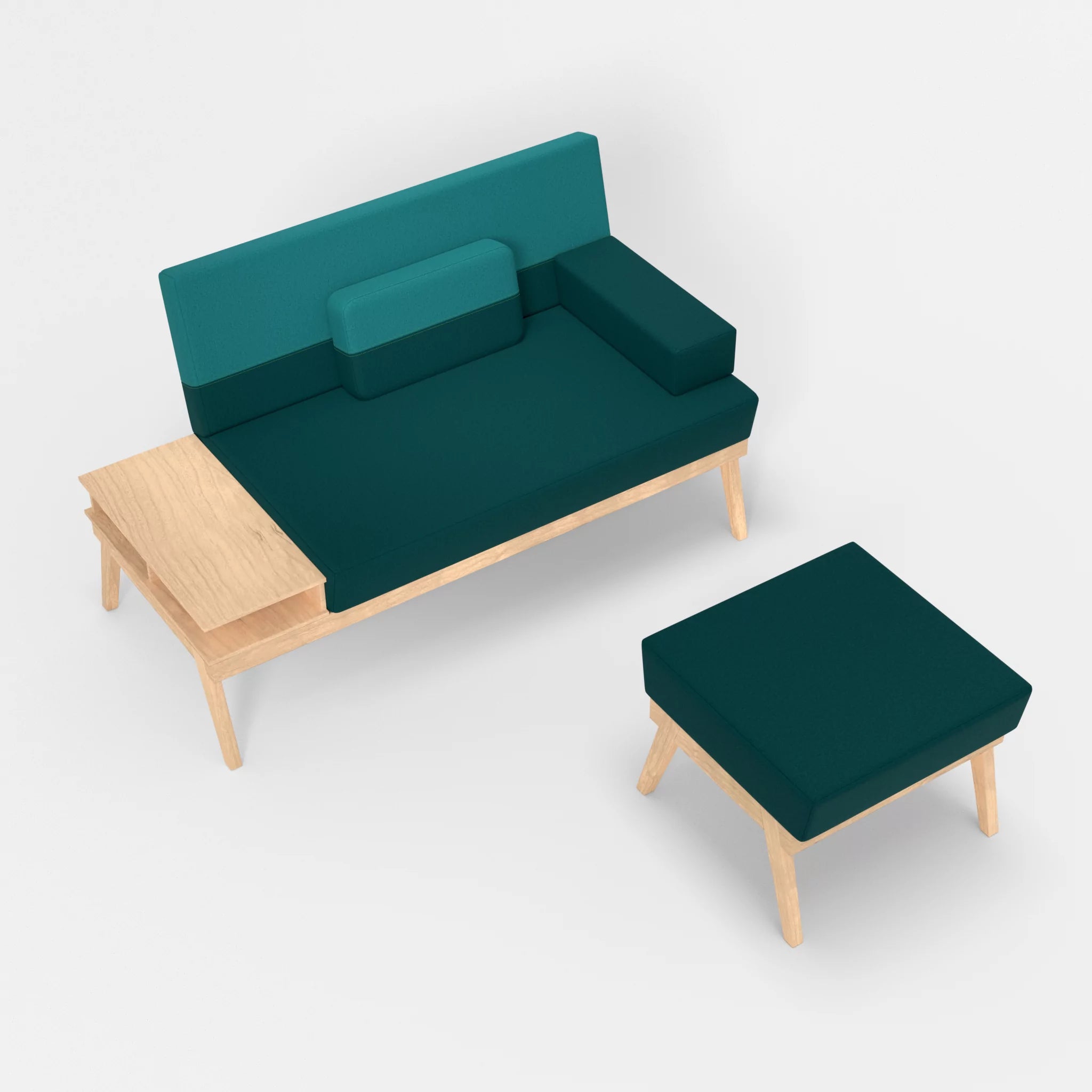 2er Sitzsofa Bauz mit Ablage links und Pouf dama0018-dama0076 in Türkis und Türkis von oben