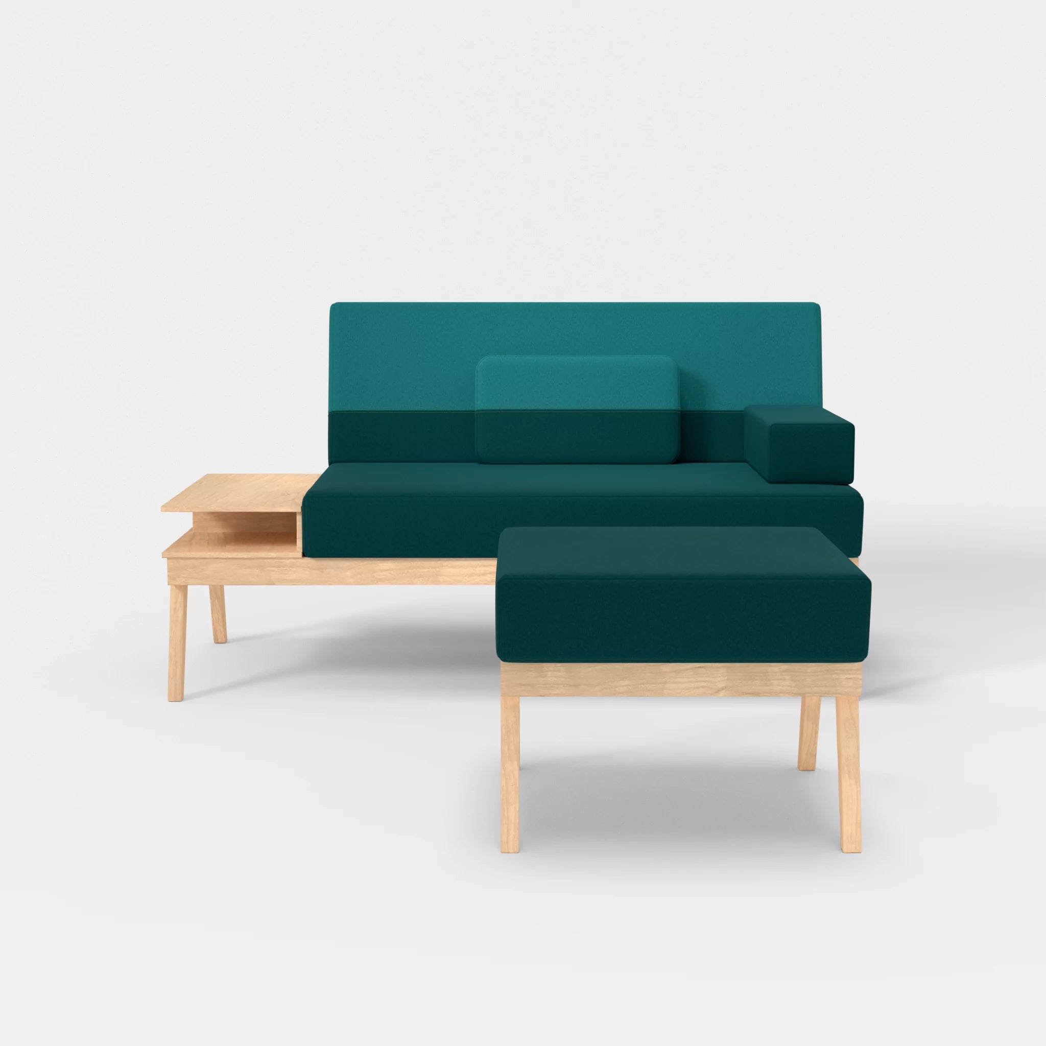 2er Sitzsofa Bauz mit Ablage links und Pouf dama0018-dama0076 in Türkis und Türkis von vorne