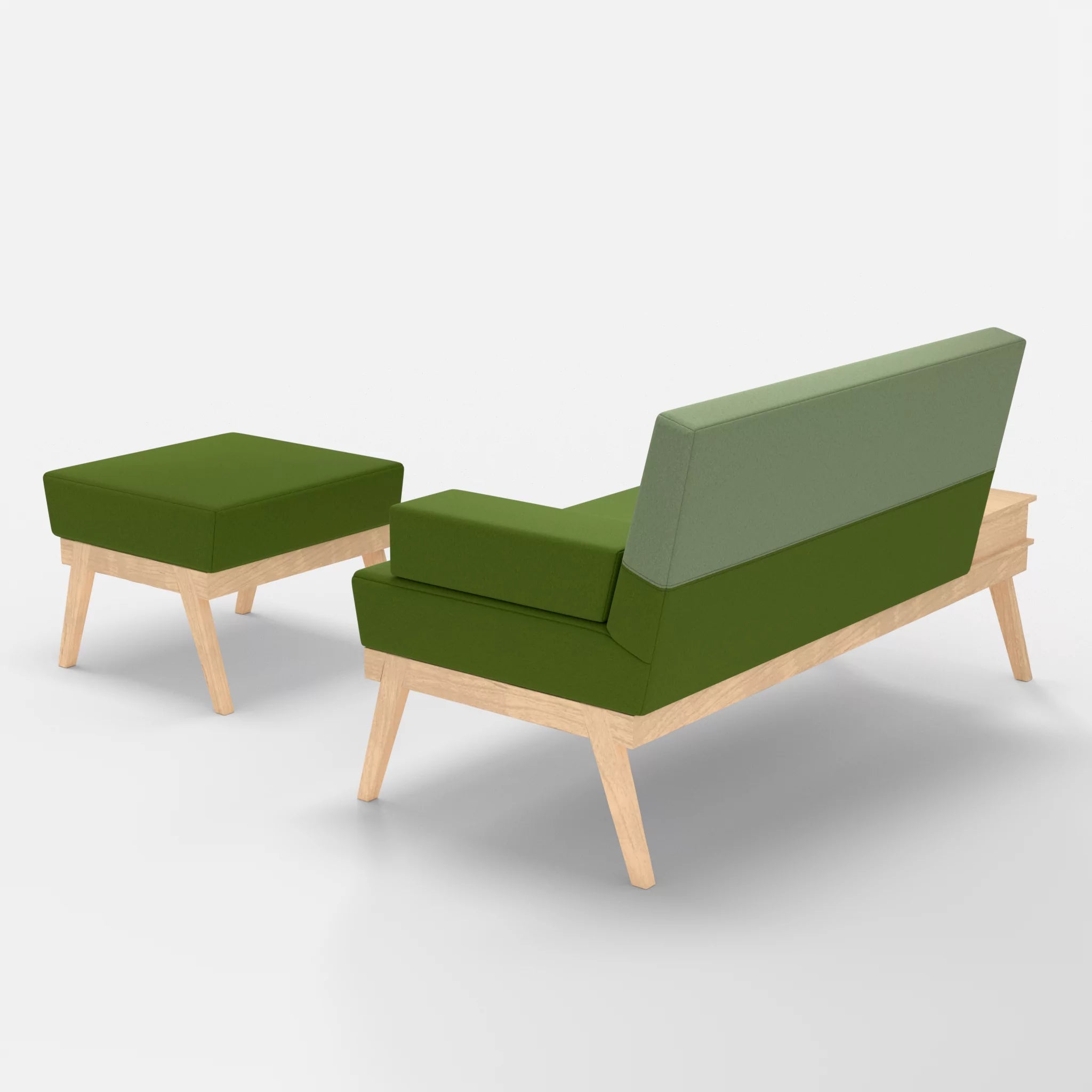 2er Sitzsofa Bauz mit Ablage links und Pouf dama0027-dama0042 in Grün und Hellgrün von hinten