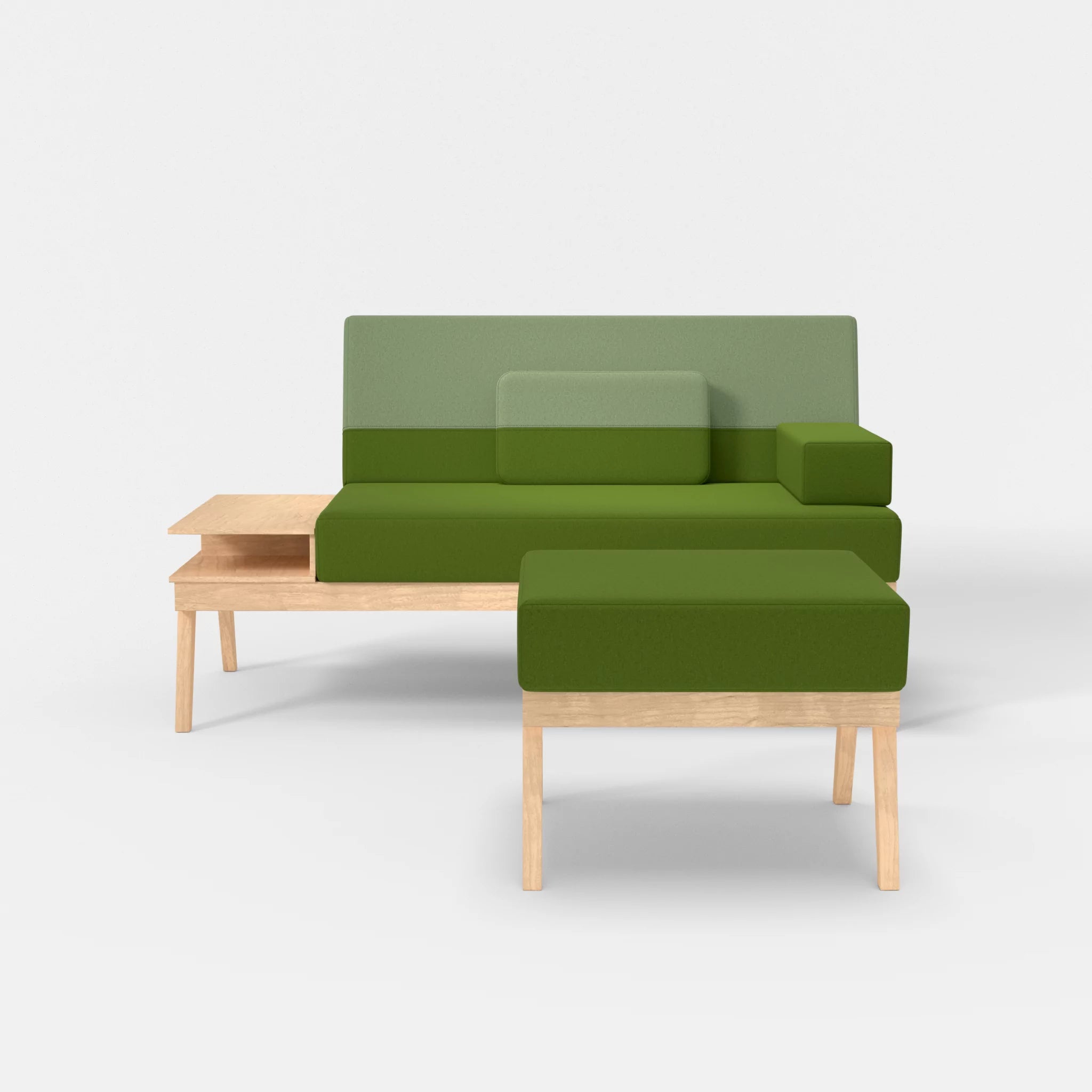 2er Sitzsofa Bauz mit Ablage links und Pouf dama0027-dama0042 in Grün und Hellgrün von vorne