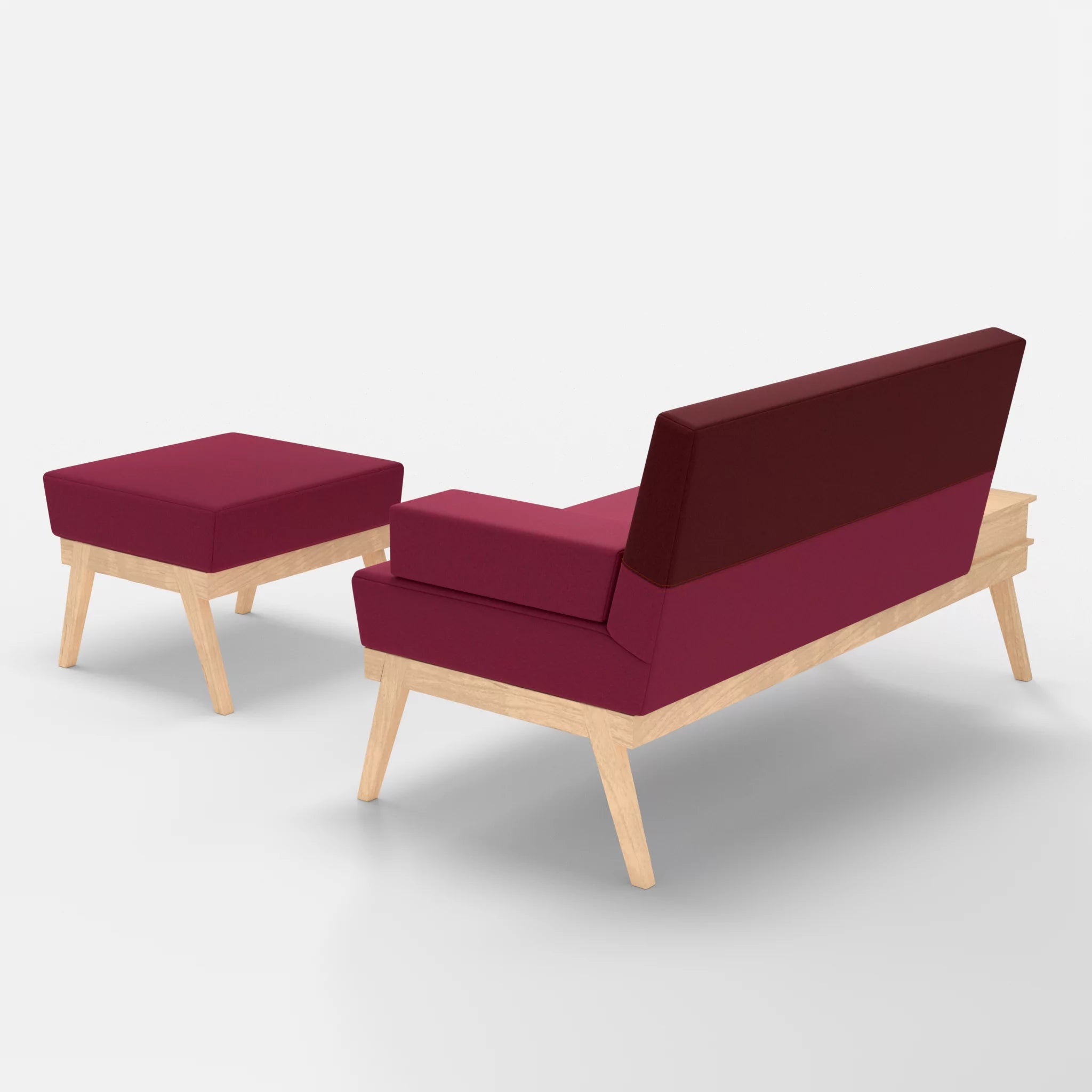 2er Sitzsofa Bauz mit Ablage links und Pouf dama0034-dama0050 in Bordeaux und Fuchsia von hinten
