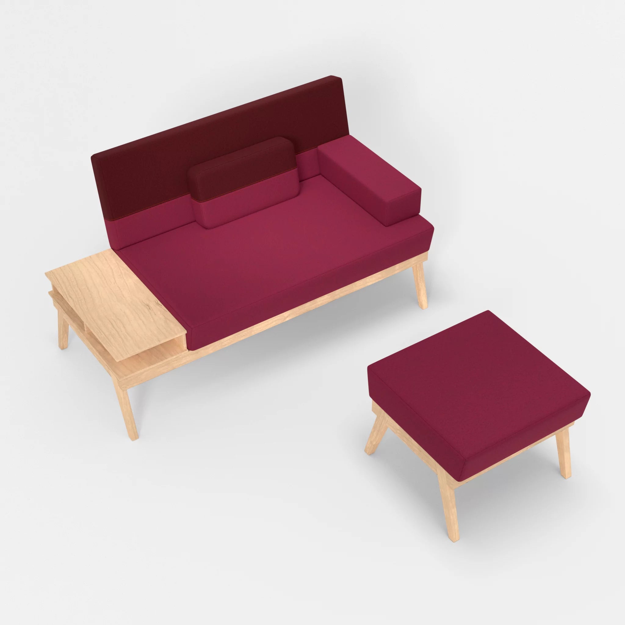 2er Sitzsofa Bauz mit Ablage links und Pouf dama0034-dama0050 in Bordeaux und Fuchsia von oben