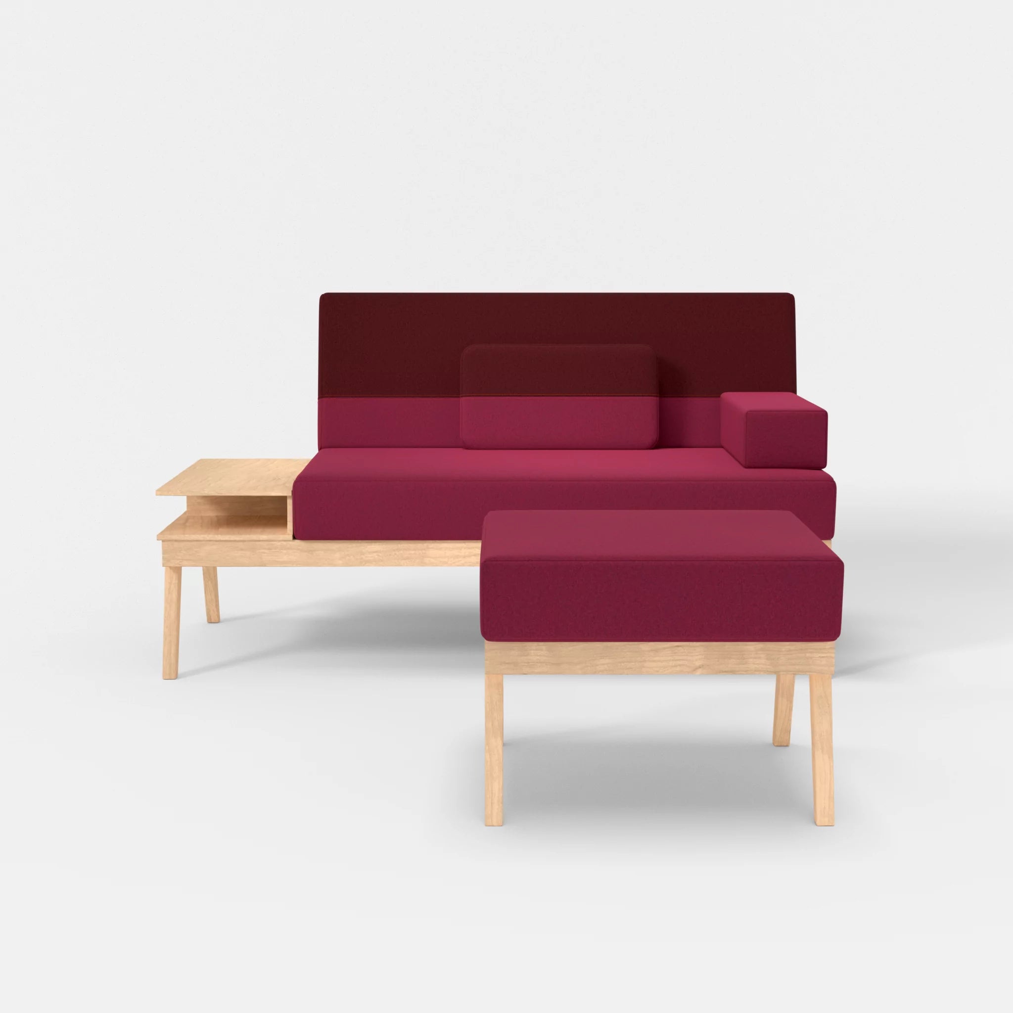 2er Sitzsofa Bauz mit Ablage links und Pouf dama0034-dama0050 in Bordeaux und Fuchsia von vorne