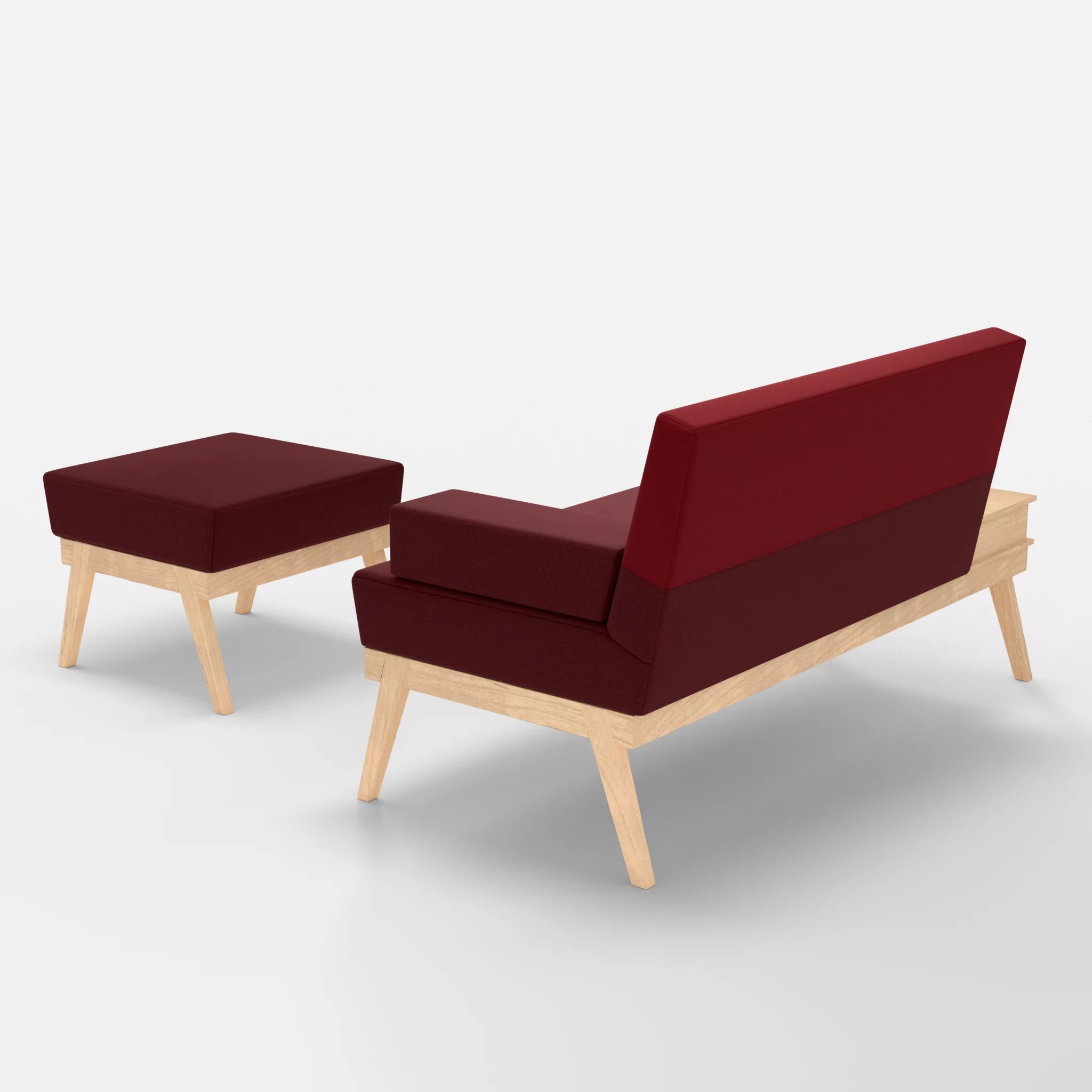 2er Sitzsofa Bauz mit Ablage links und Pouf dama0034-dama0053 in Bordeaux und Rot von hinten