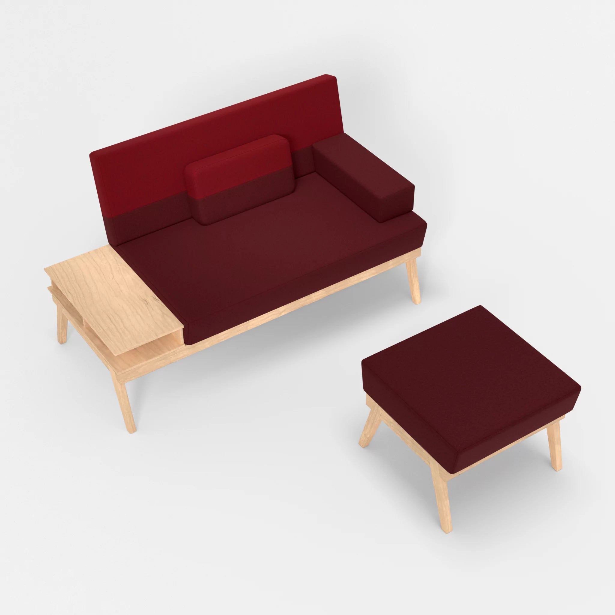 2er Sitzsofa Bauz mit Ablage links und Pouf dama0034-dama0053 in Bordeaux und Rot von oben