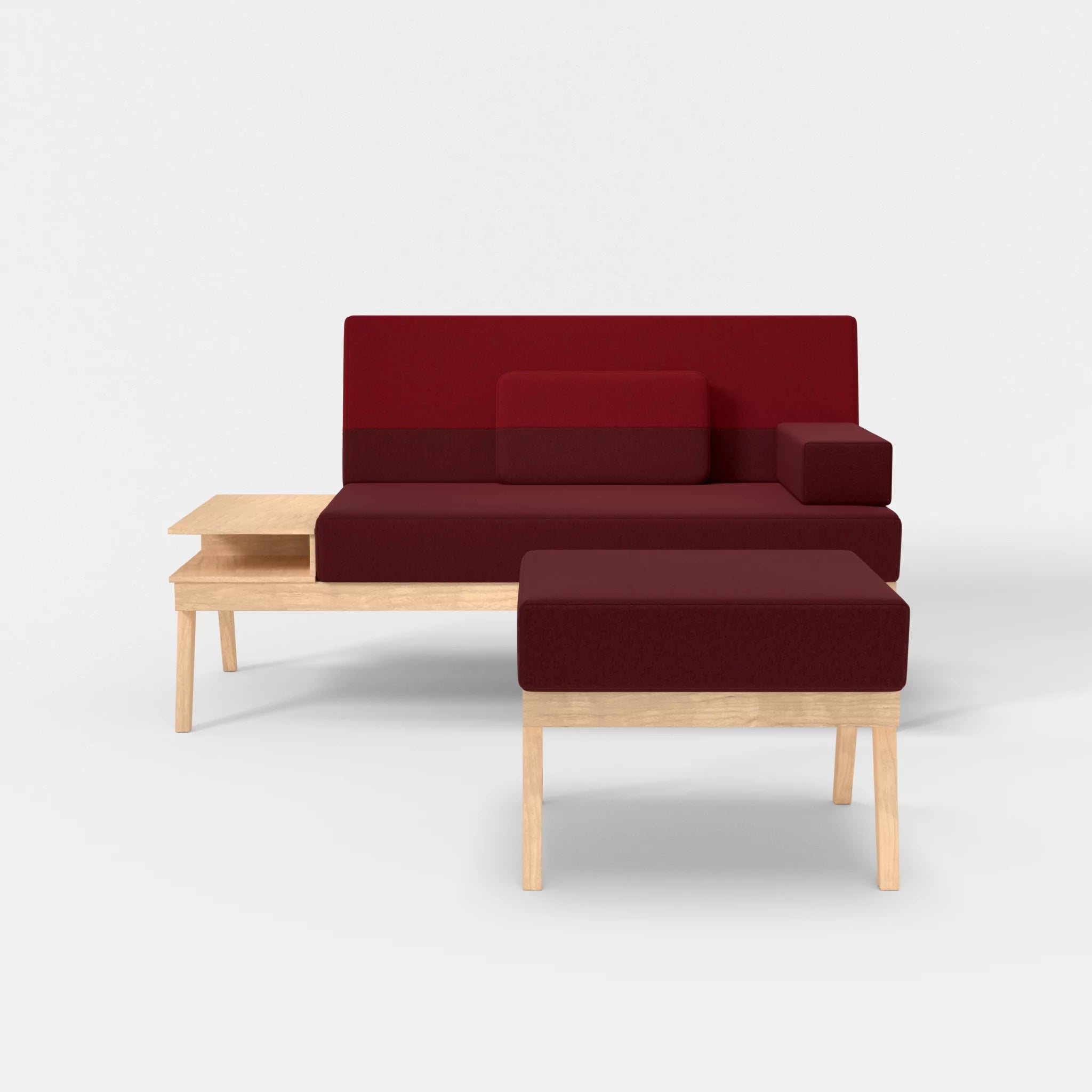 2er Sitzsofa Bauz mit Ablage links und Pouf dama0034-dama0053 in Bordeaux und Rot von vorne