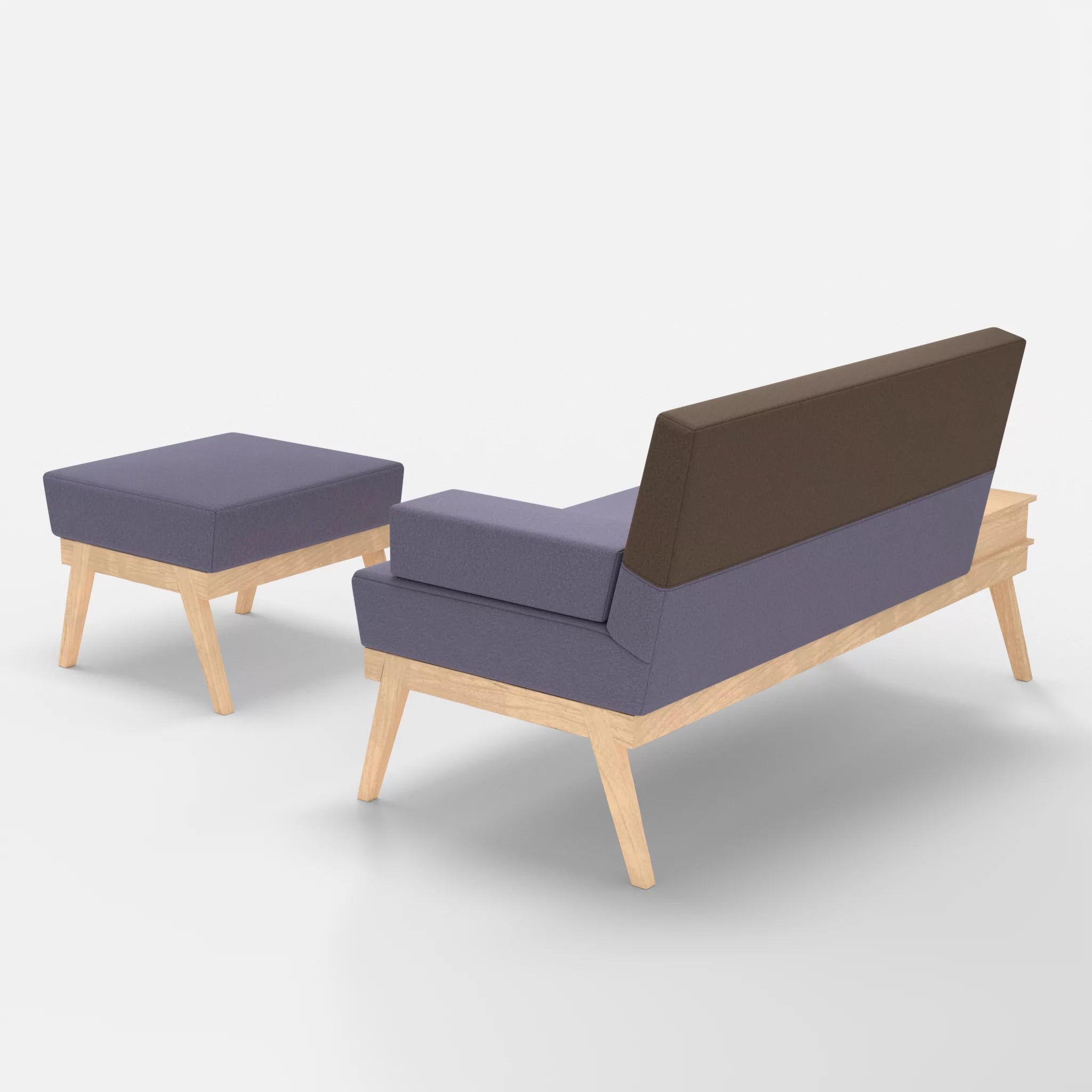 2er Sitzsofa Bauz mit Ablage links und Pouf dama0039-dama0051 in Flieder und Braun von hinten