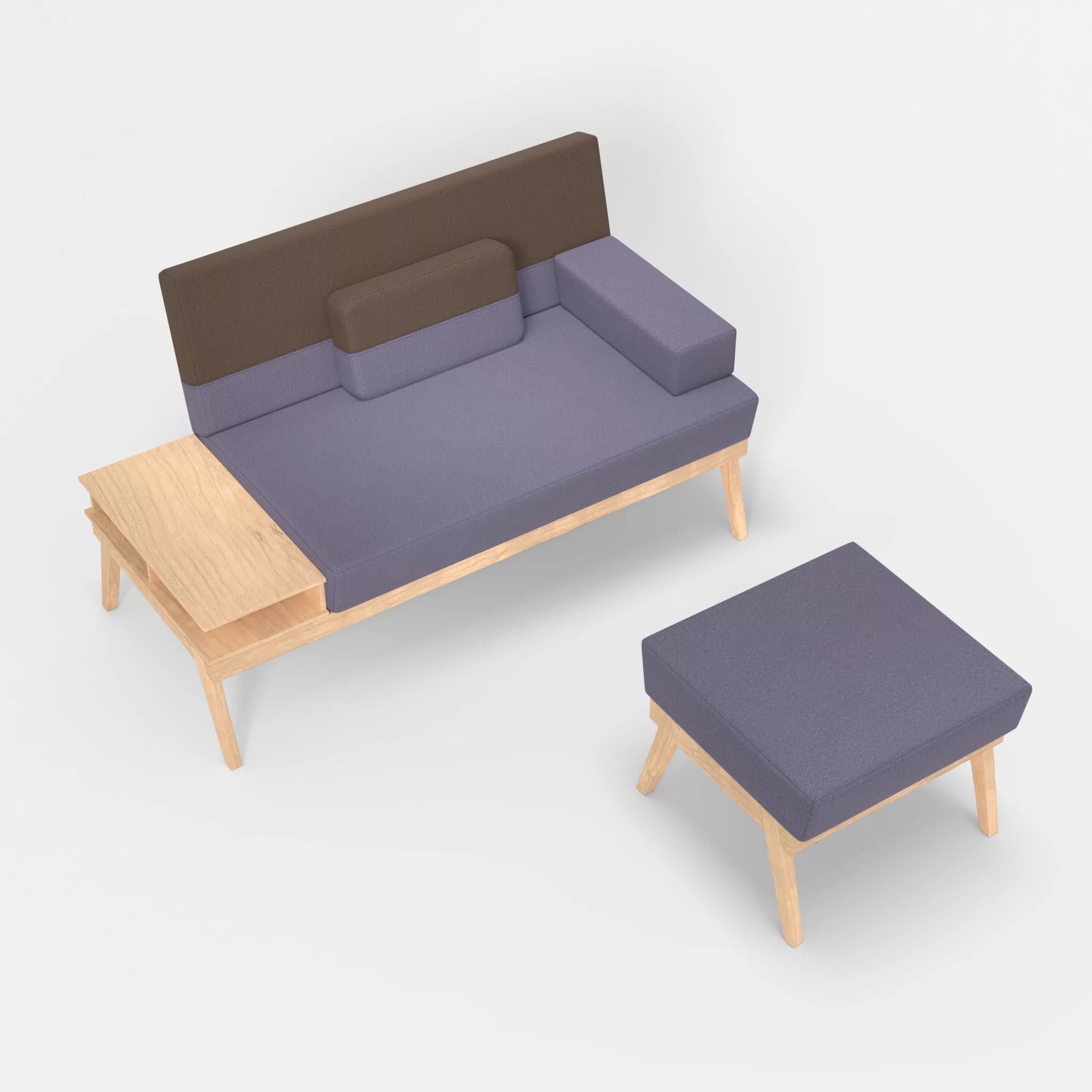 2er Sitzsofa Bauz mit Ablage links und Pouf dama0039-dama0051 in Flieder und Braun von oben