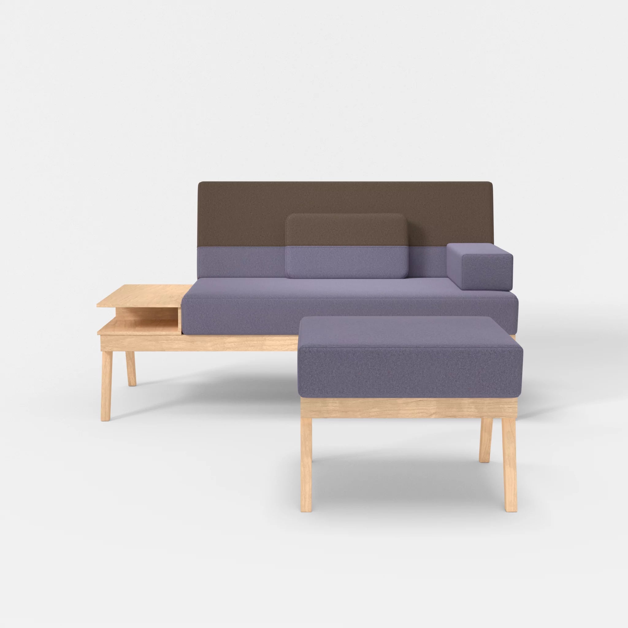 2er Sitzsofa Bauz mit Ablage links und Pouf dama0039-dama0051 in Flieder und Braun von vorne