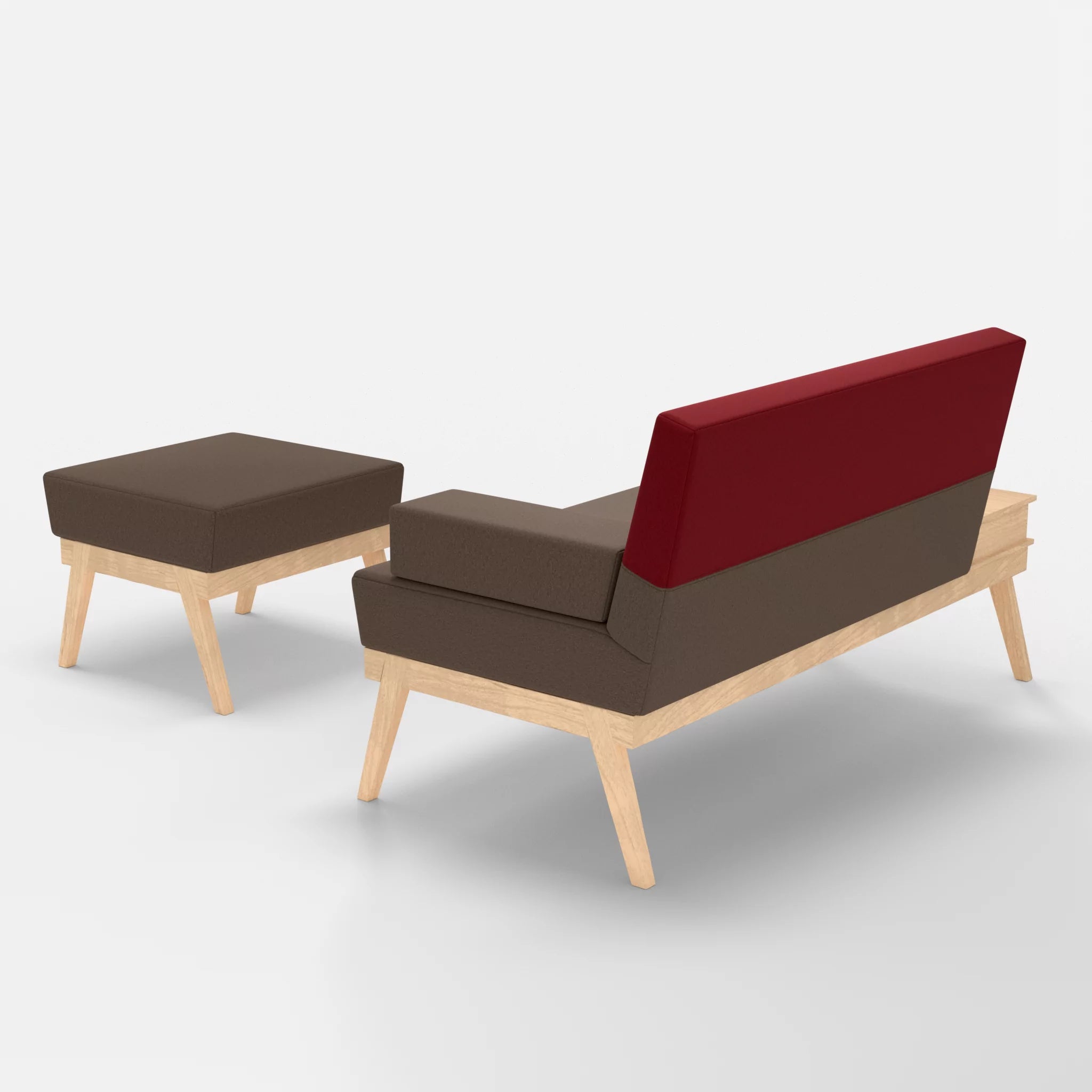 2er Sitzsofa Bauz mit Ablage links und Pouf dama0051-dama0053 in Braun und Rot von hinten