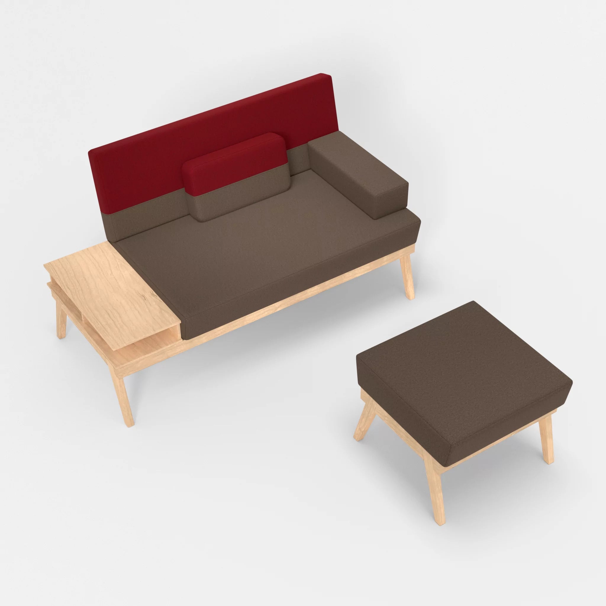 2er Sitzsofa Bauz mit Ablage links und Pouf dama0051-dama0053 in Braun und Rot von oben