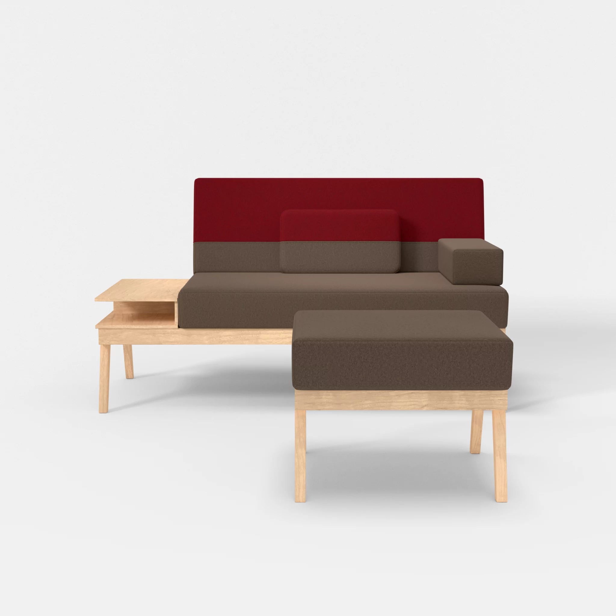 2er Sitzsofa Bauz mit Ablage links und Pouf dama0051-dama0053 in Braun und Rot von vorne