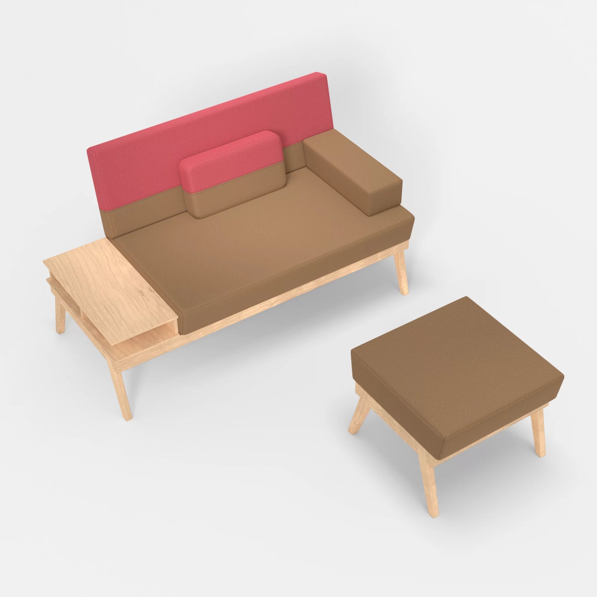 2er Sitzsofa Bauz mit Ablage links und Pouf dama0056-dama0083 in Beige und Pink von oben