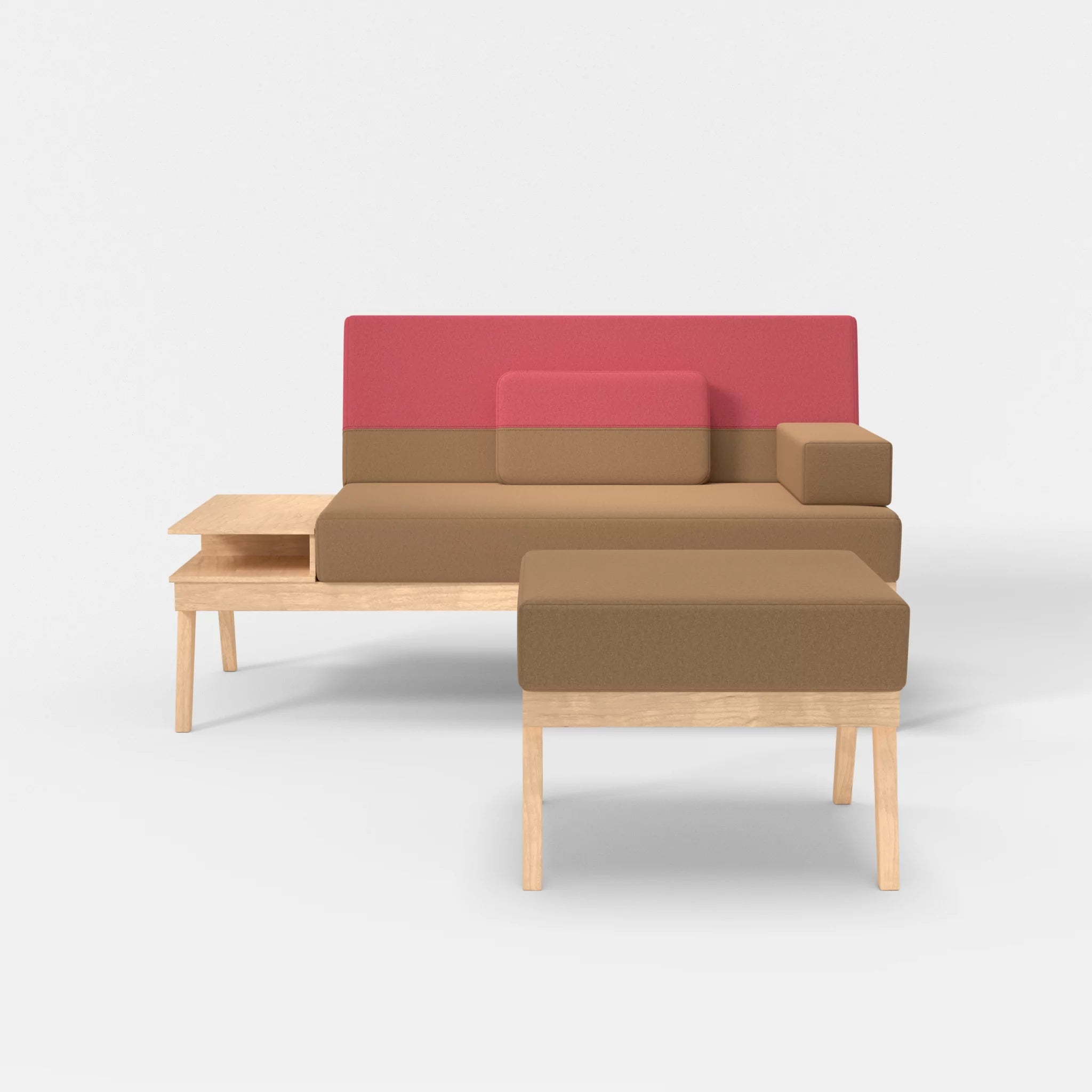 2er Sitzsofa Bauz mit Ablage links und Pouf dama0056-dama0083 in Beige und Pink von vorne
