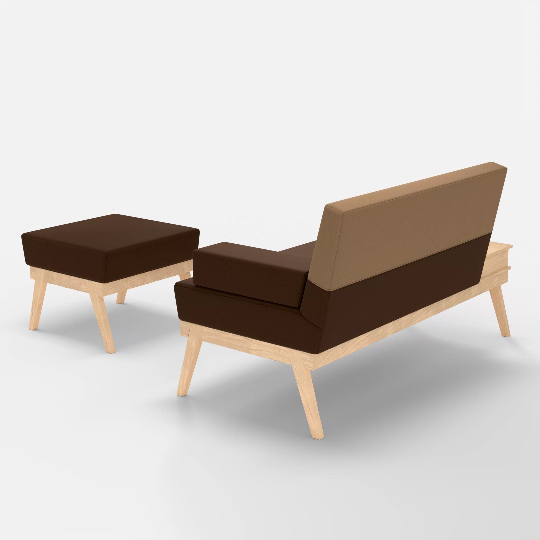 2er Sitzsofa Bauz mit Ablage links und Pouf dama0060-dama0056 in Braun und Beige von hinten