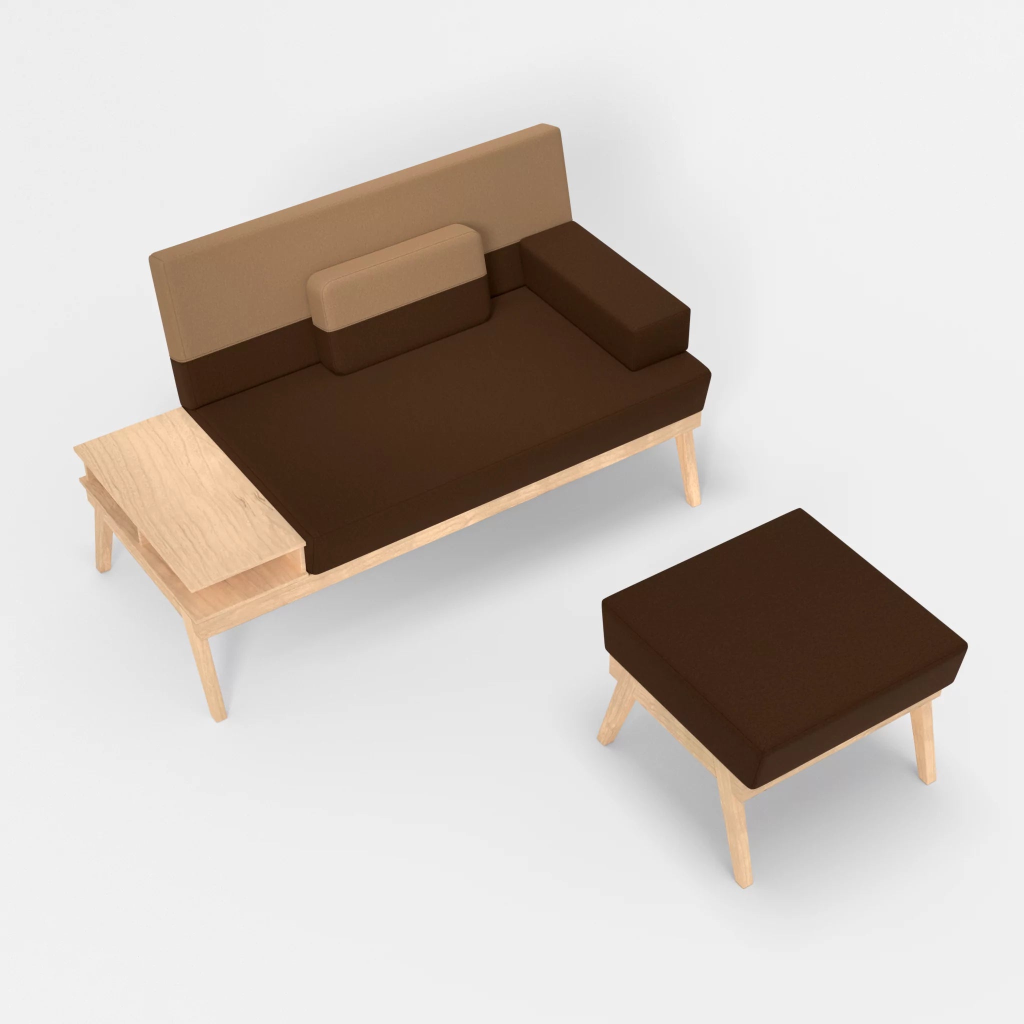 2er Sitzsofa Bauz mit Ablage links und Pouf dama0060-dama0056 in Braun und Beige von oben