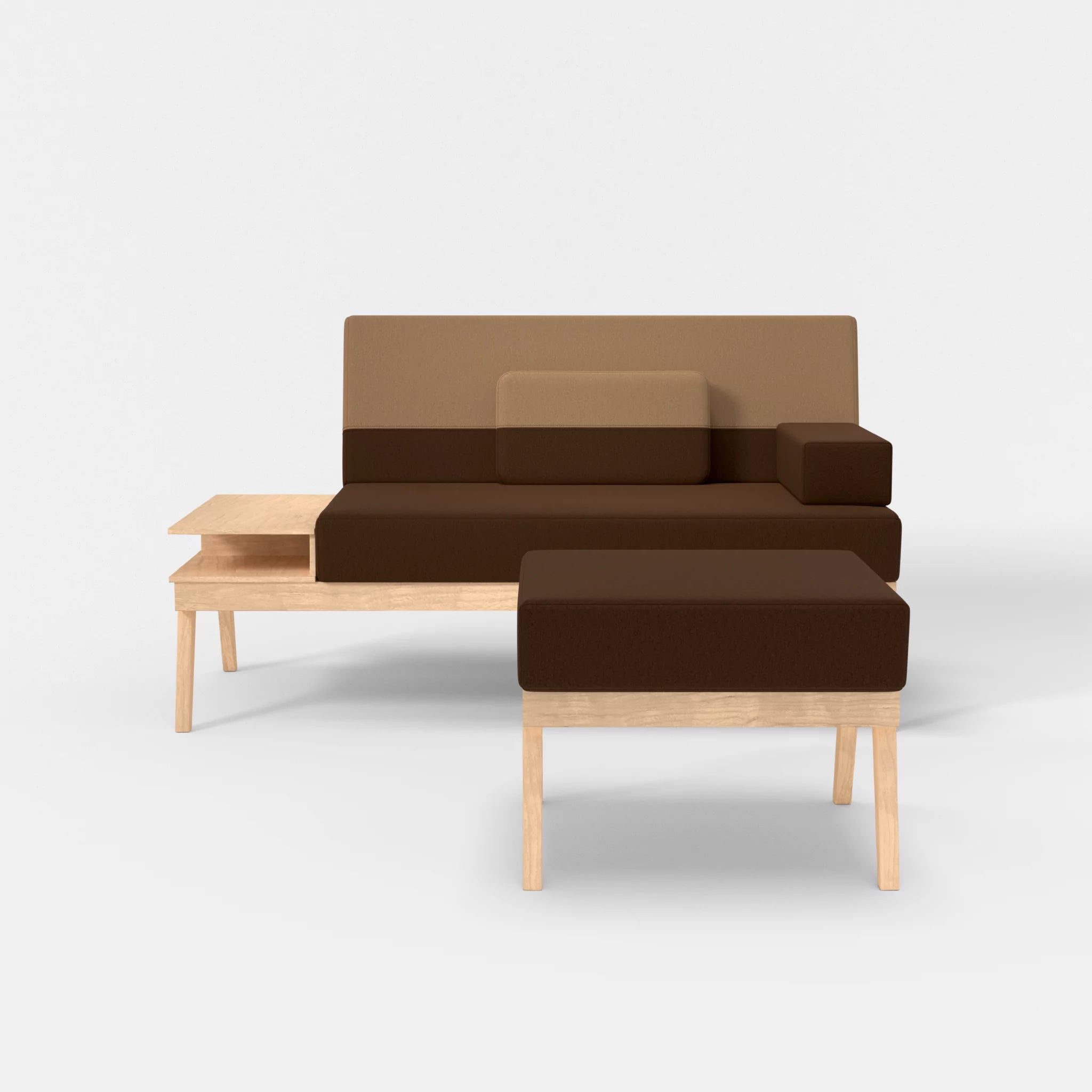 2er Sitzsofa Bauz mit Ablage links und Pouf dama0060-dama0056 in Braun und Beige von vorne