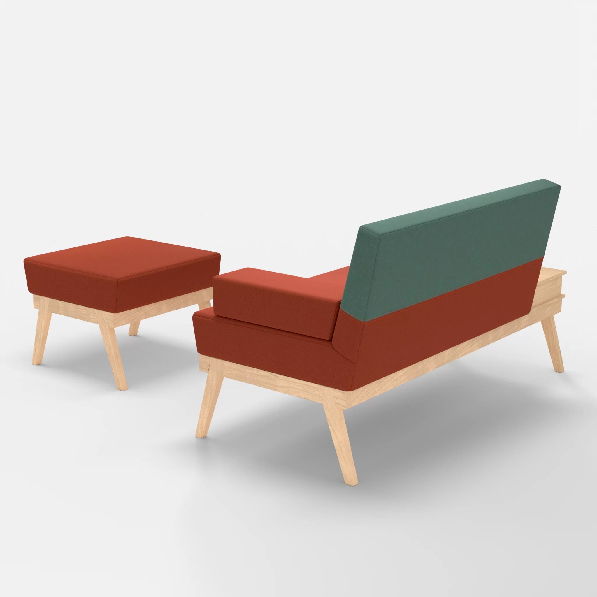 2er Sitzsofa Bauz mit Ablage links und Pouf dama0062-dama0045 in Orange und Türkis von hinten