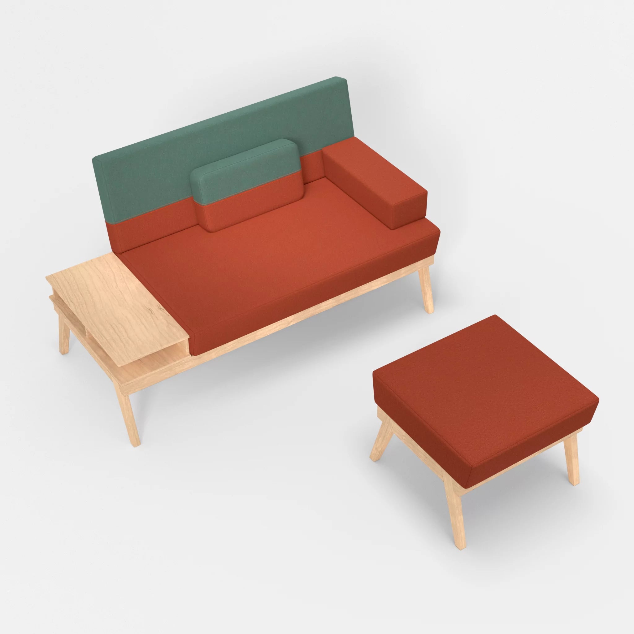 2er Sitzsofa Bauz mit Ablage links und Pouf dama0062-dama0045 in Orange und Türkis von oben