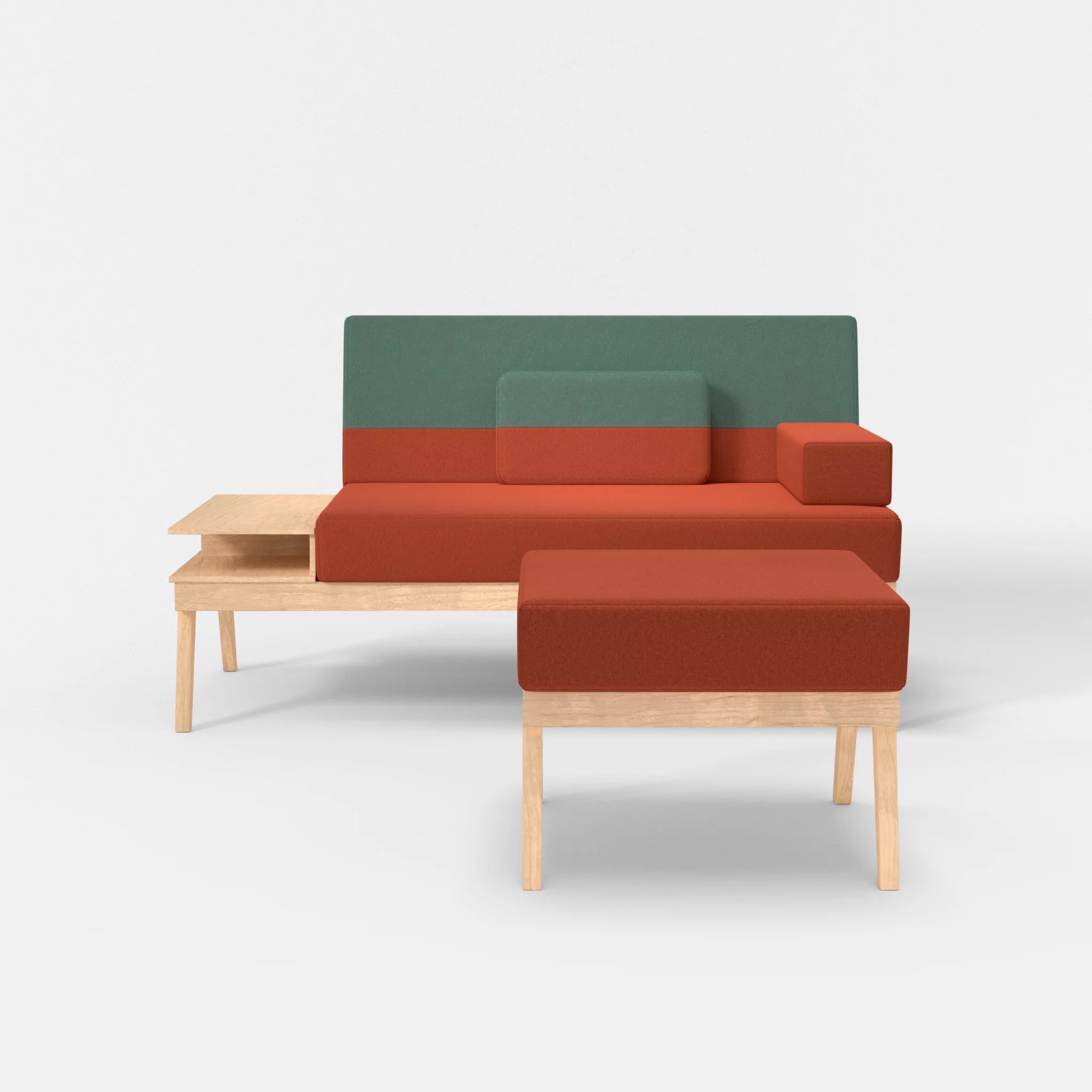 2er Sitzsofa Bauz mit Ablage links und Pouf dama0062-dama0045 in Orange und Türkis von vorne