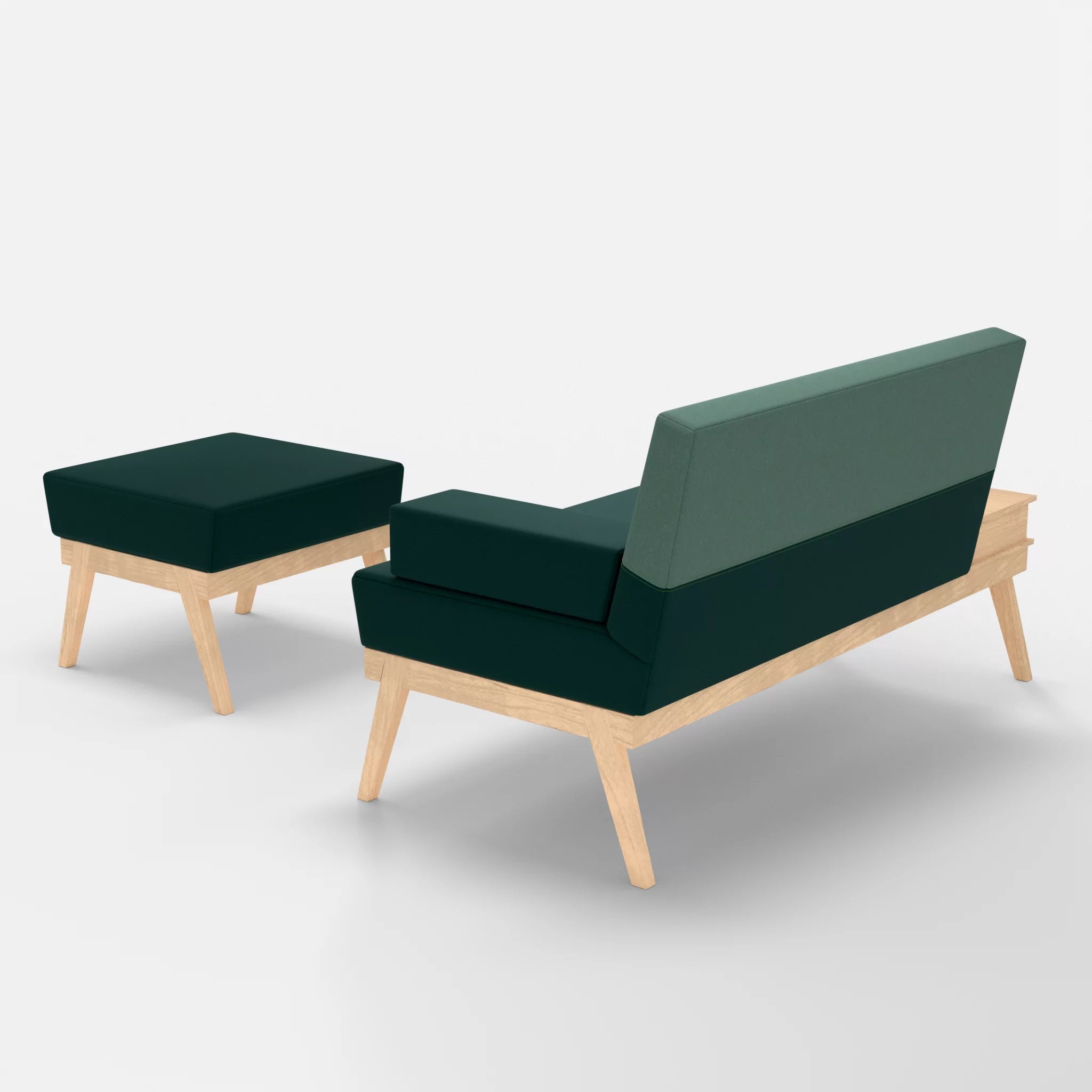 2er Sitzsofa Bauz mit Ablage links und Pouf dama0073-dama0045 in Petrol und Türkis von hinten