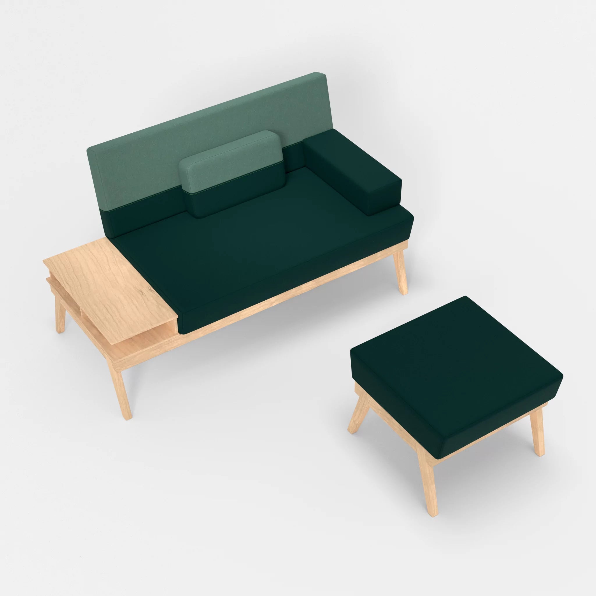 2er Sitzsofa Bauz mit Ablage links und Pouf dama0073-dama0045 in Petrol und Türkis von oben