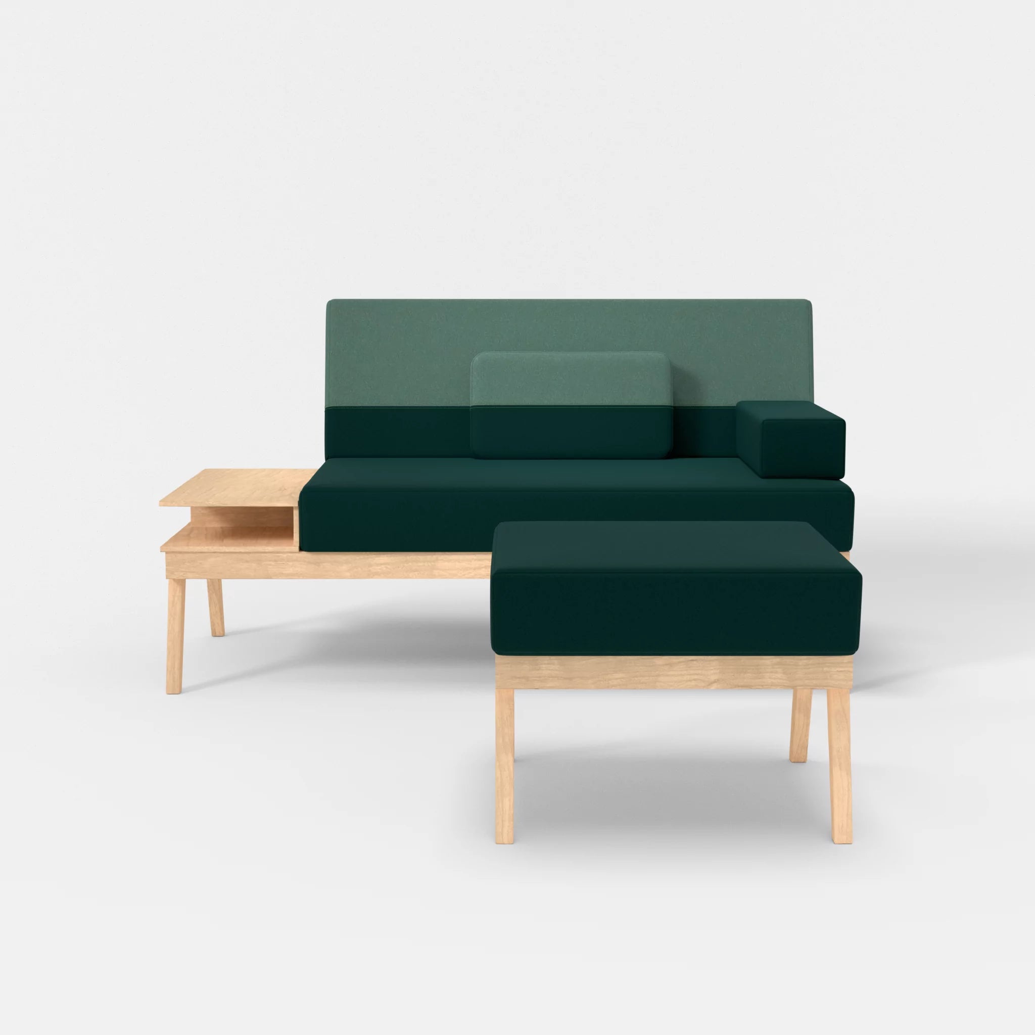 2er Sitzsofa Bauz mit Ablage links und Pouf dama0073-dama0045 in Petrol und Türkis von vorne