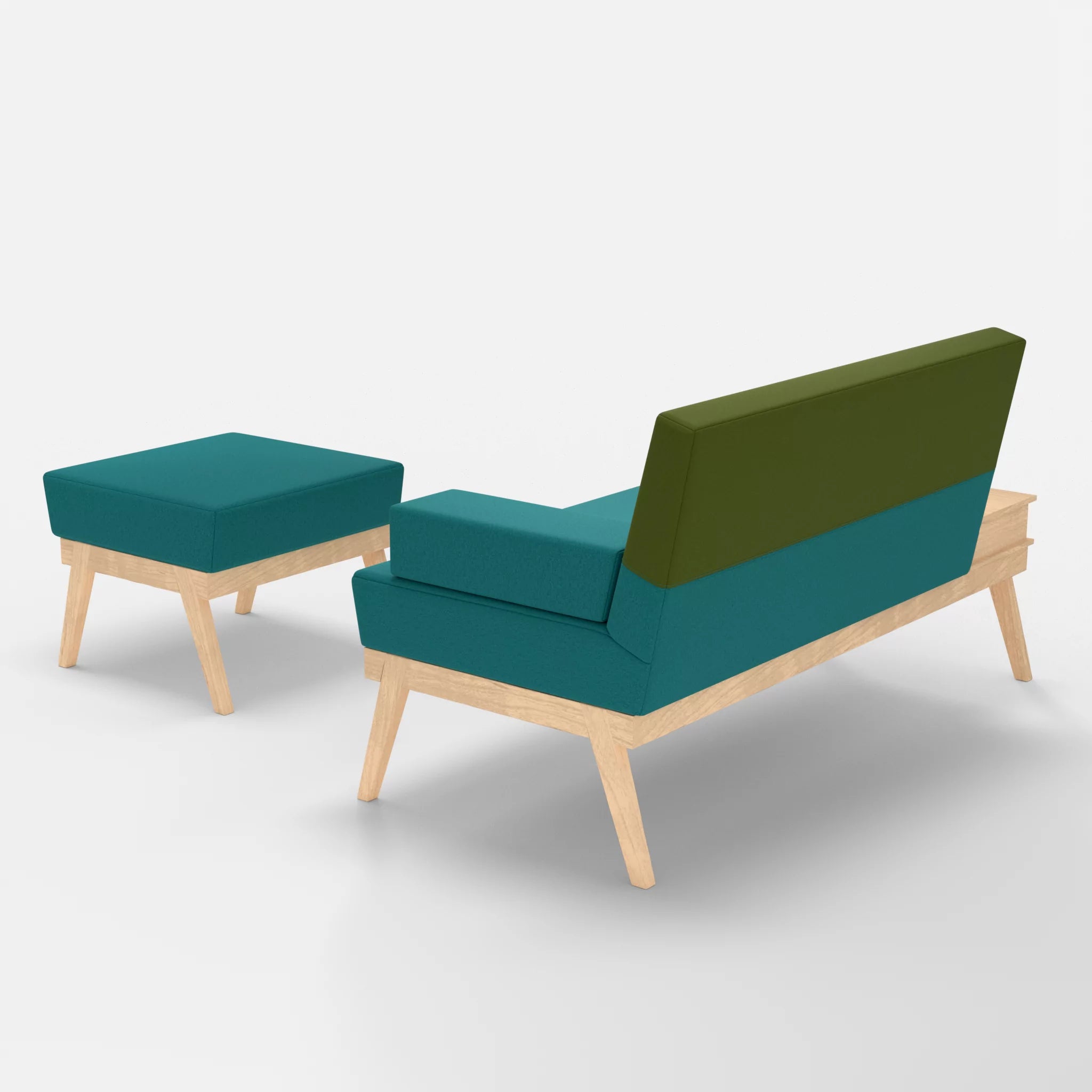 2er Sitzsofa Bauz mit Ablage links und Pouf dama0076-dama0059 in Türkis und Grün von hinten