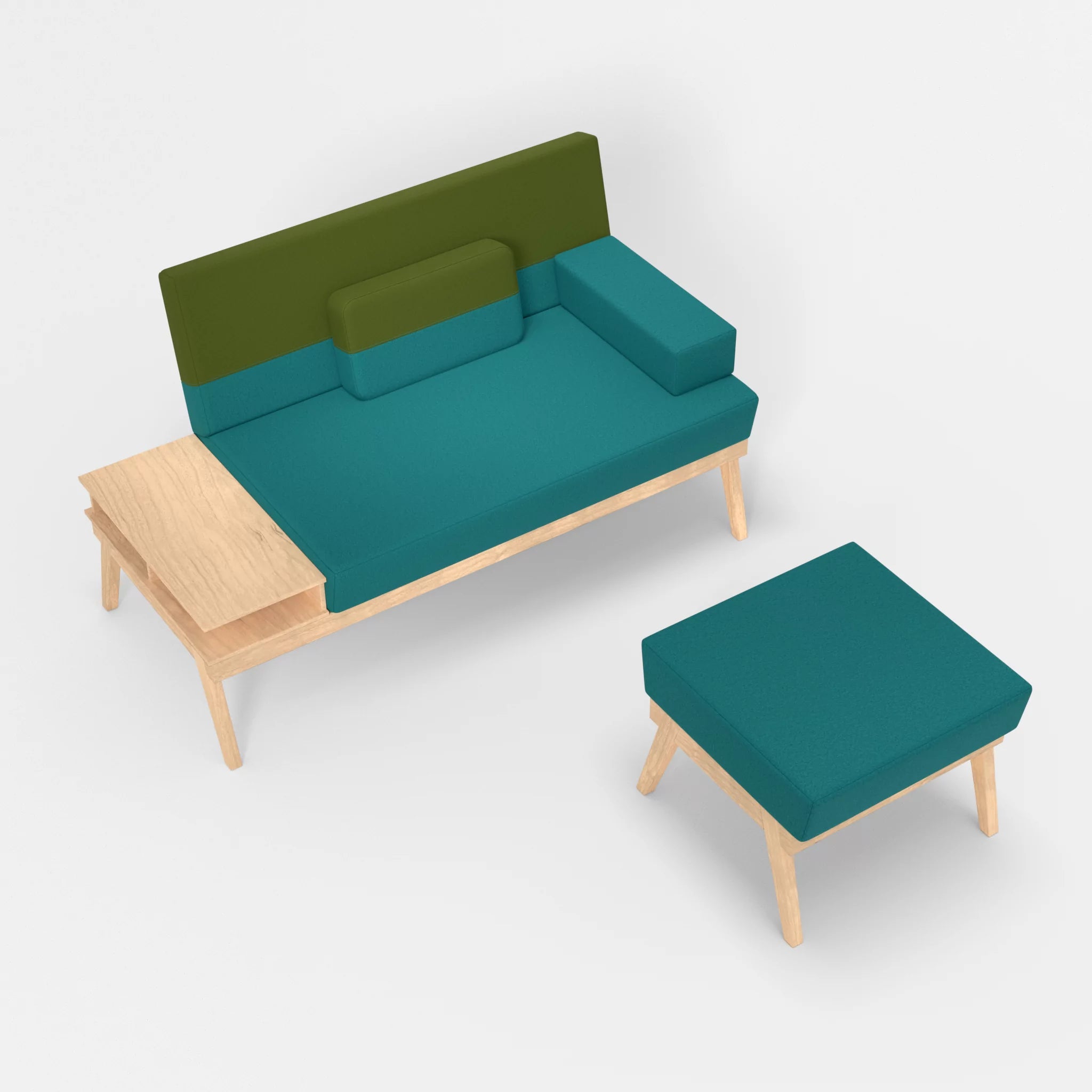 2er Sitzsofa Bauz mit Ablage links und Pouf dama0076-dama0059 in Türkis und Grün von oben