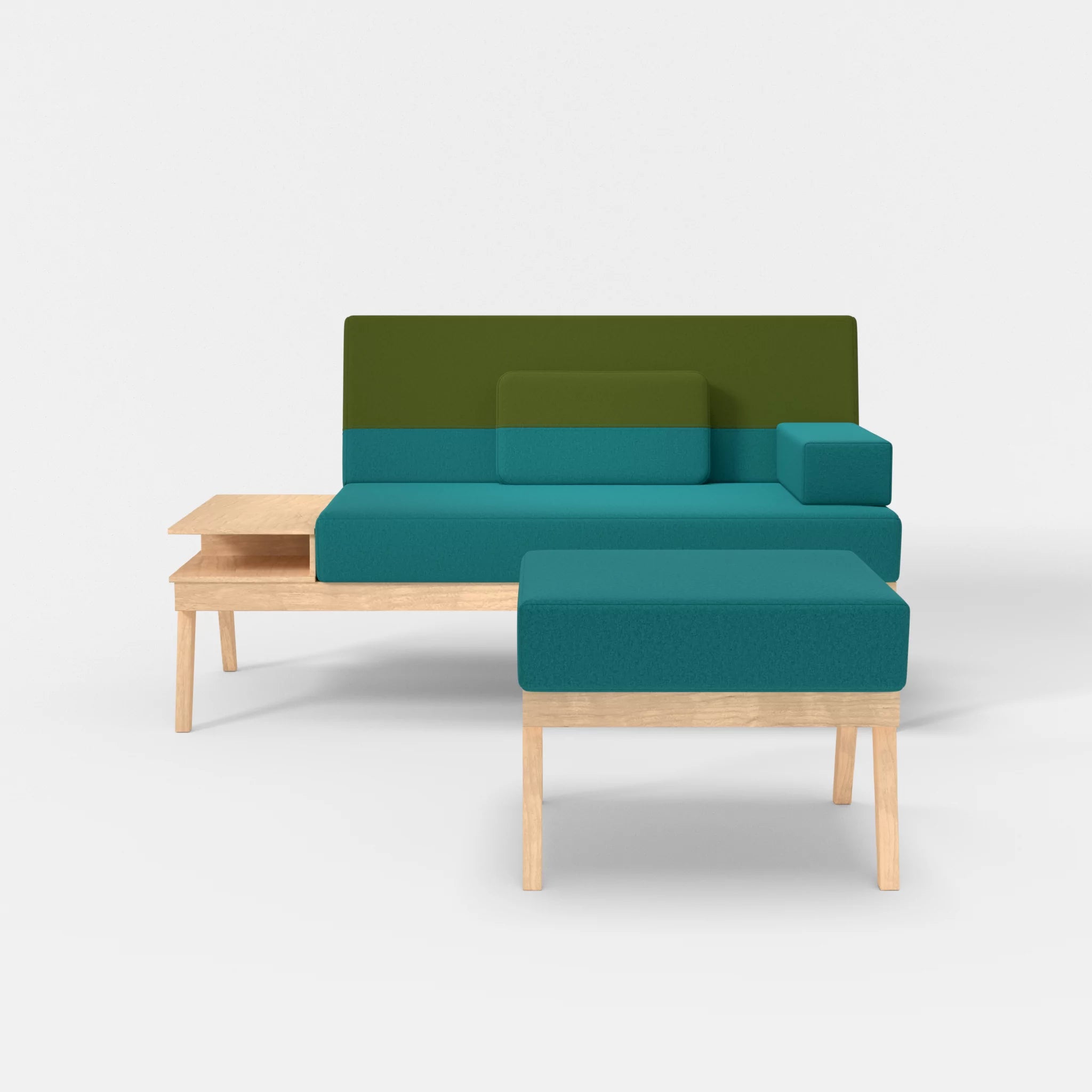 2er Sitzsofa Bauz mit Ablage links und Pouf dama0076-dama0059 in Türkis und Grün von vorne