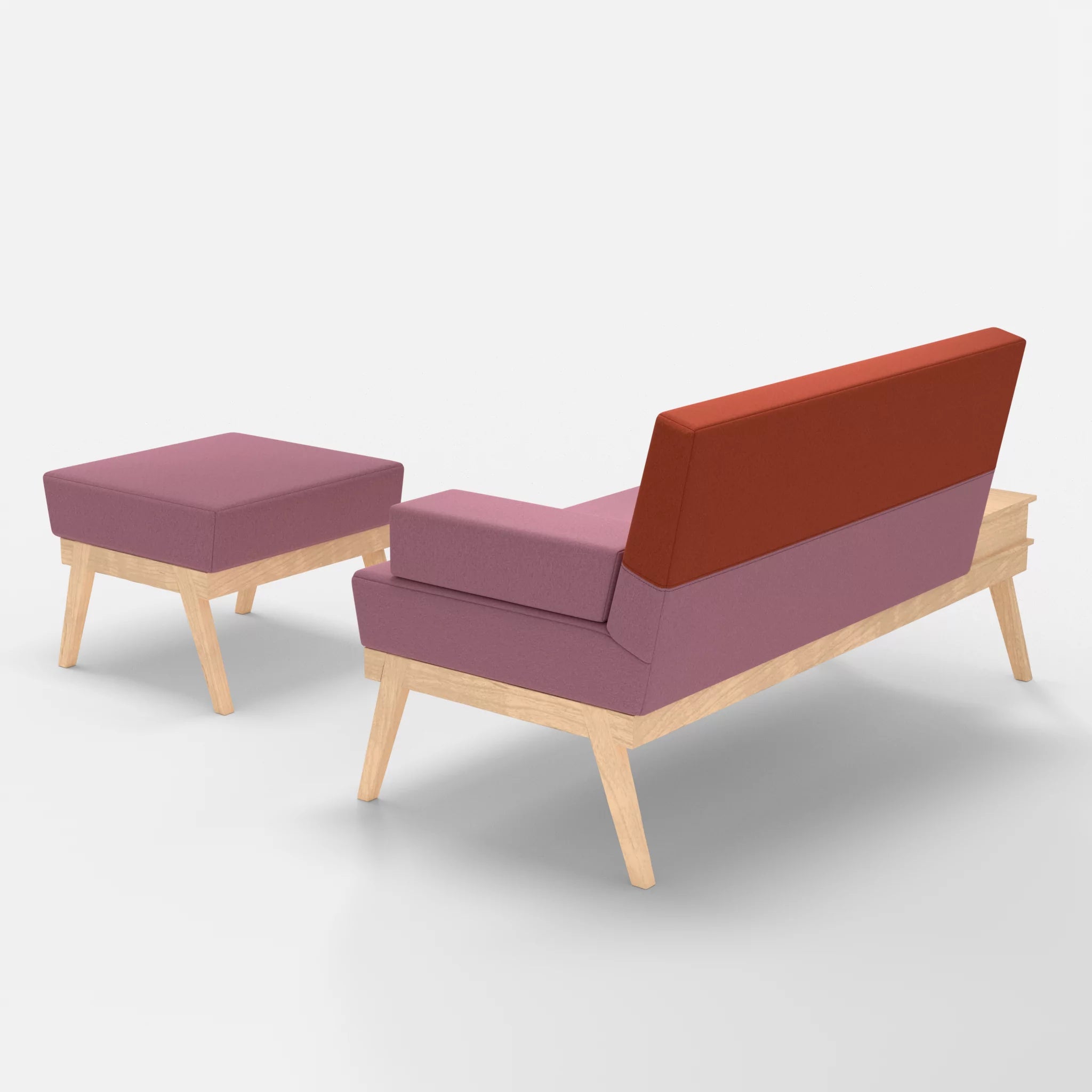 2er Sitzsofa Bauz mit Ablage links und Pouf dama0084-dama0062 in Rosa und Orange von hinten