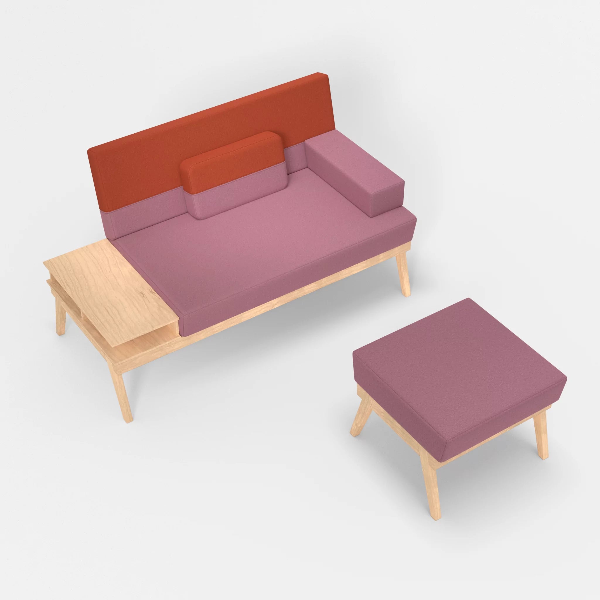 2er Sitzsofa Bauz mit Ablage links und Pouf dama0084-dama0062 in Rosa und Orange von oben